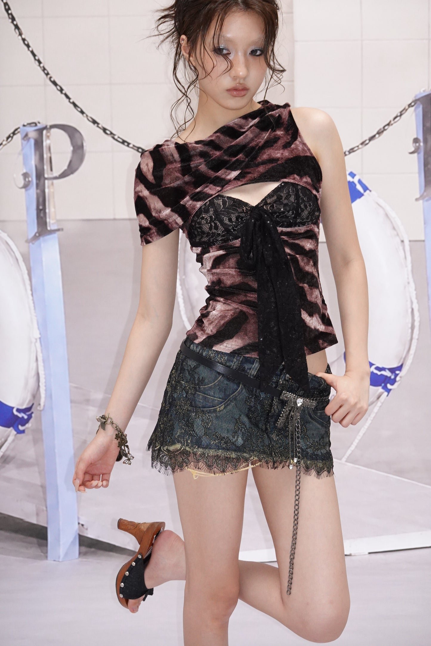 Print Top with Lace Insets