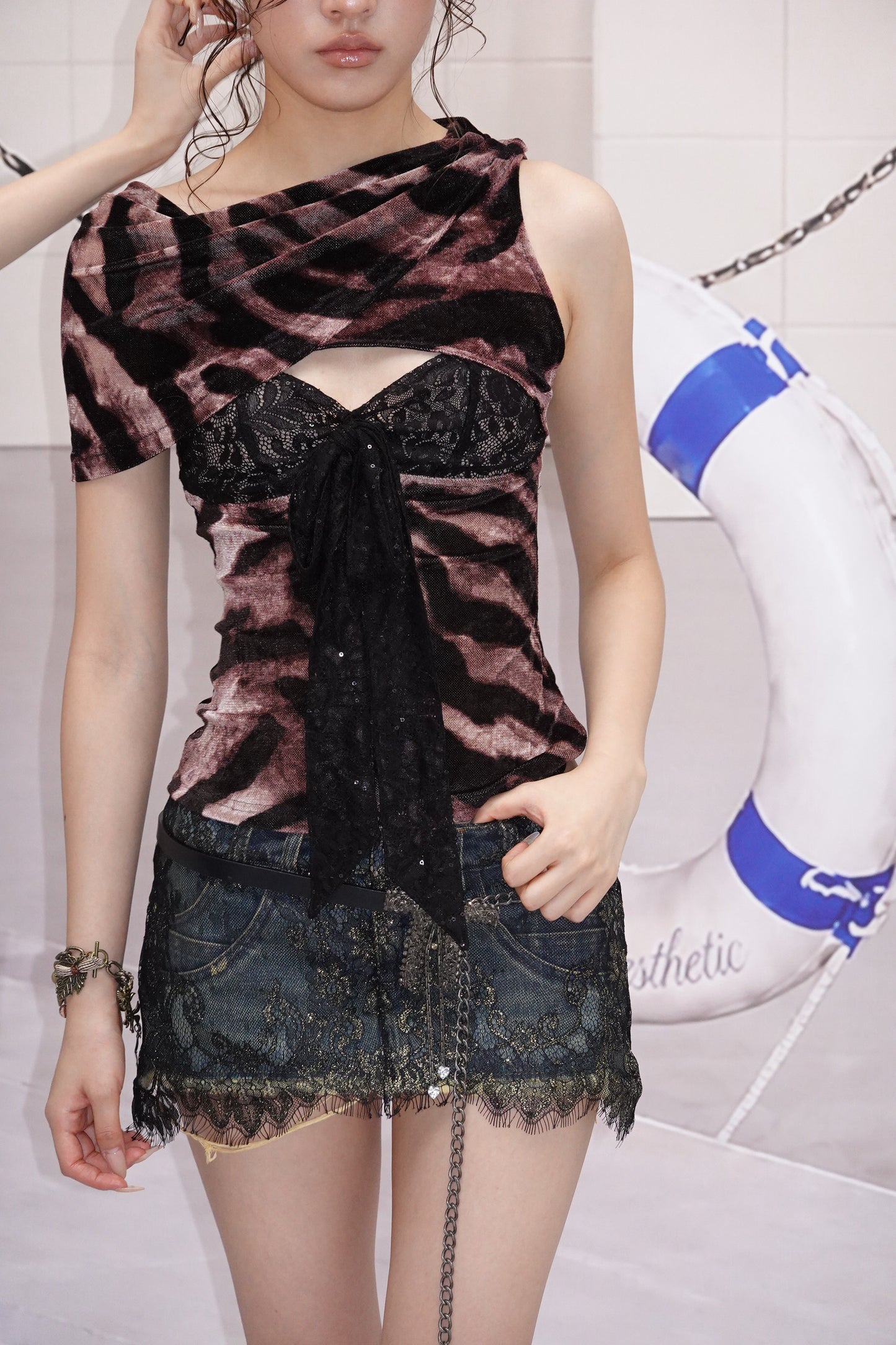 Print Top with Lace Insets