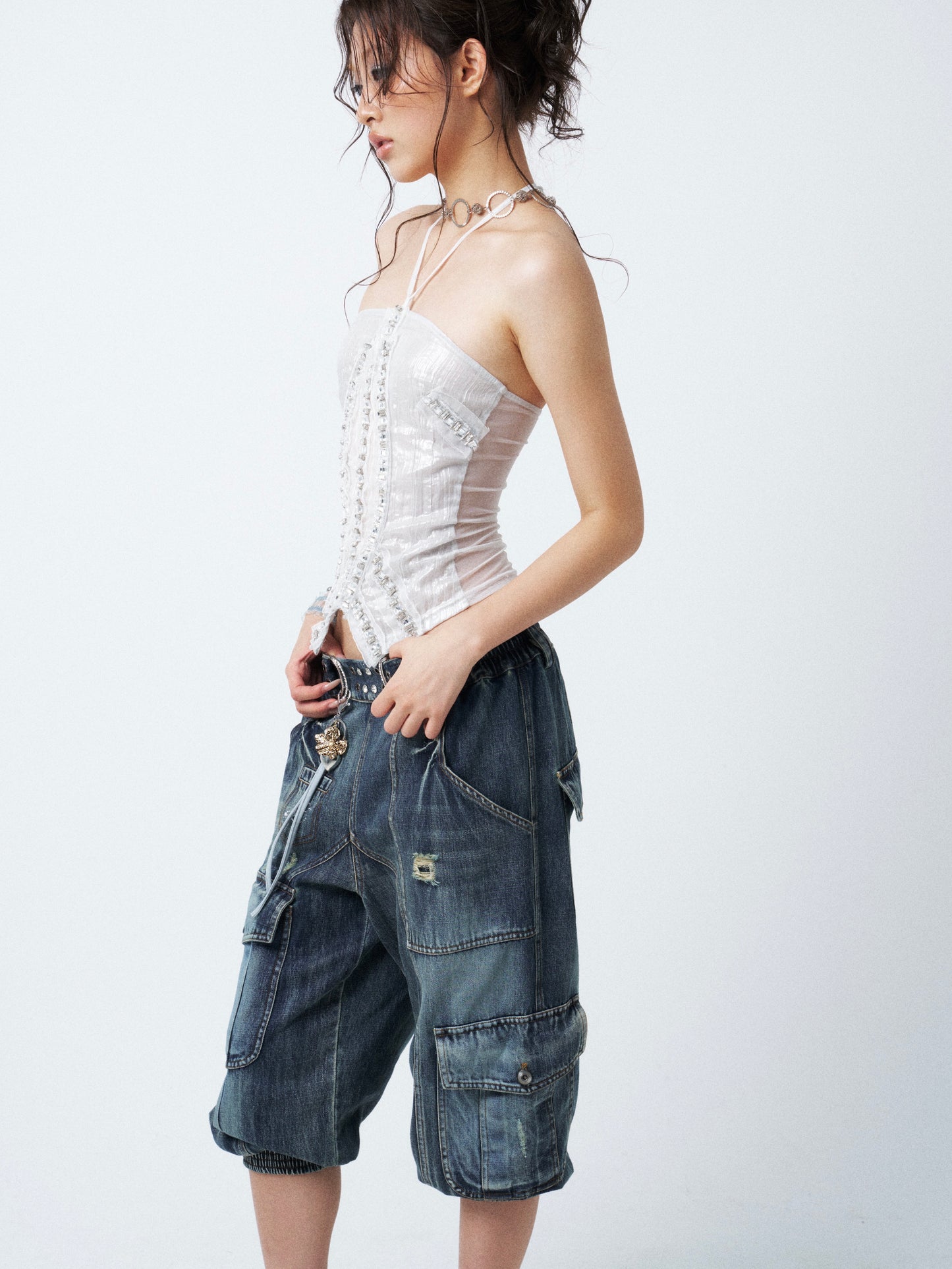 Aqua Blue Distressed Denim Midi Shorts with Rhinestone Studs
