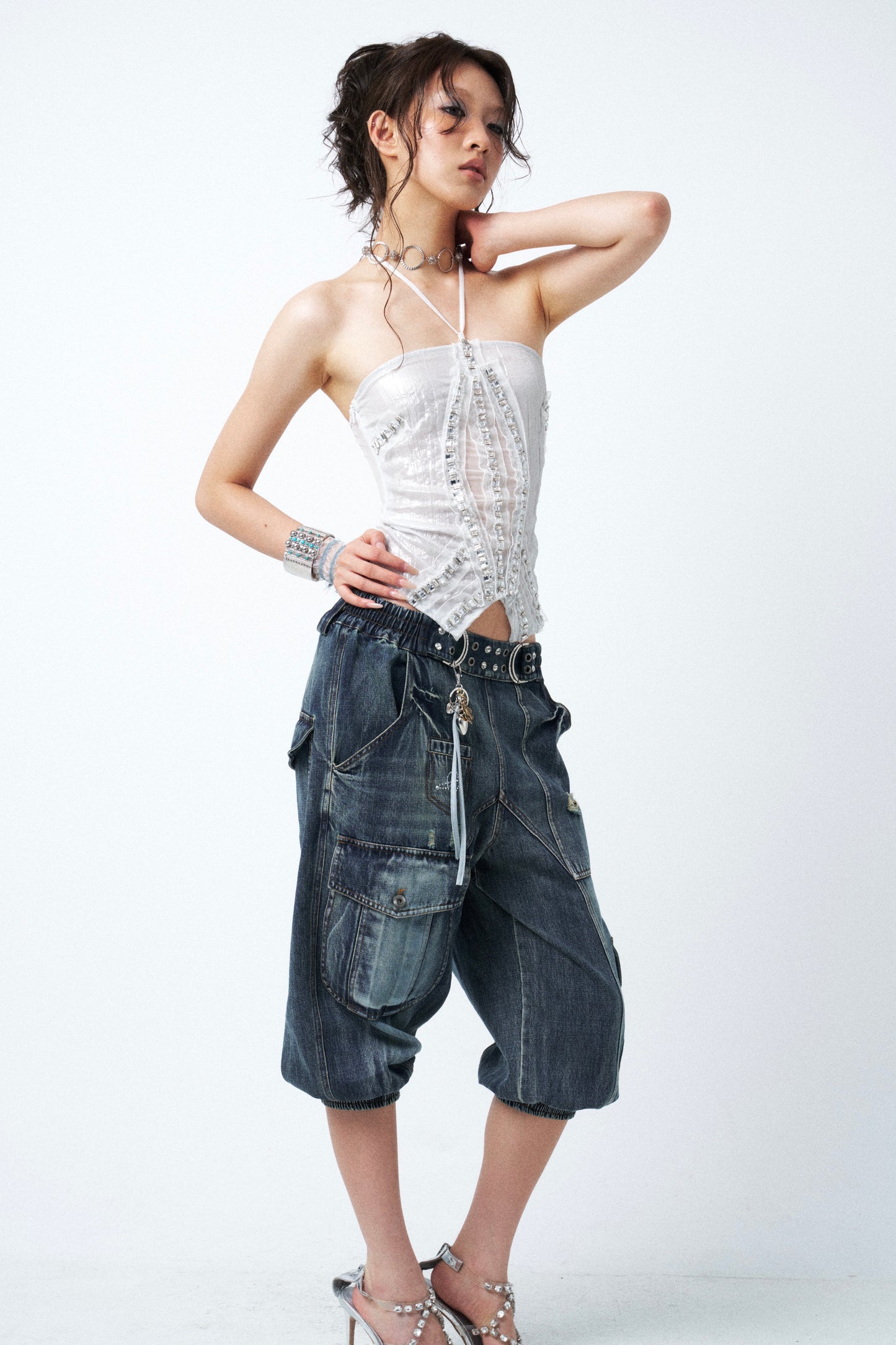 Aqua Blue Distressed Denim Midi Shorts with Rhinestone Studs