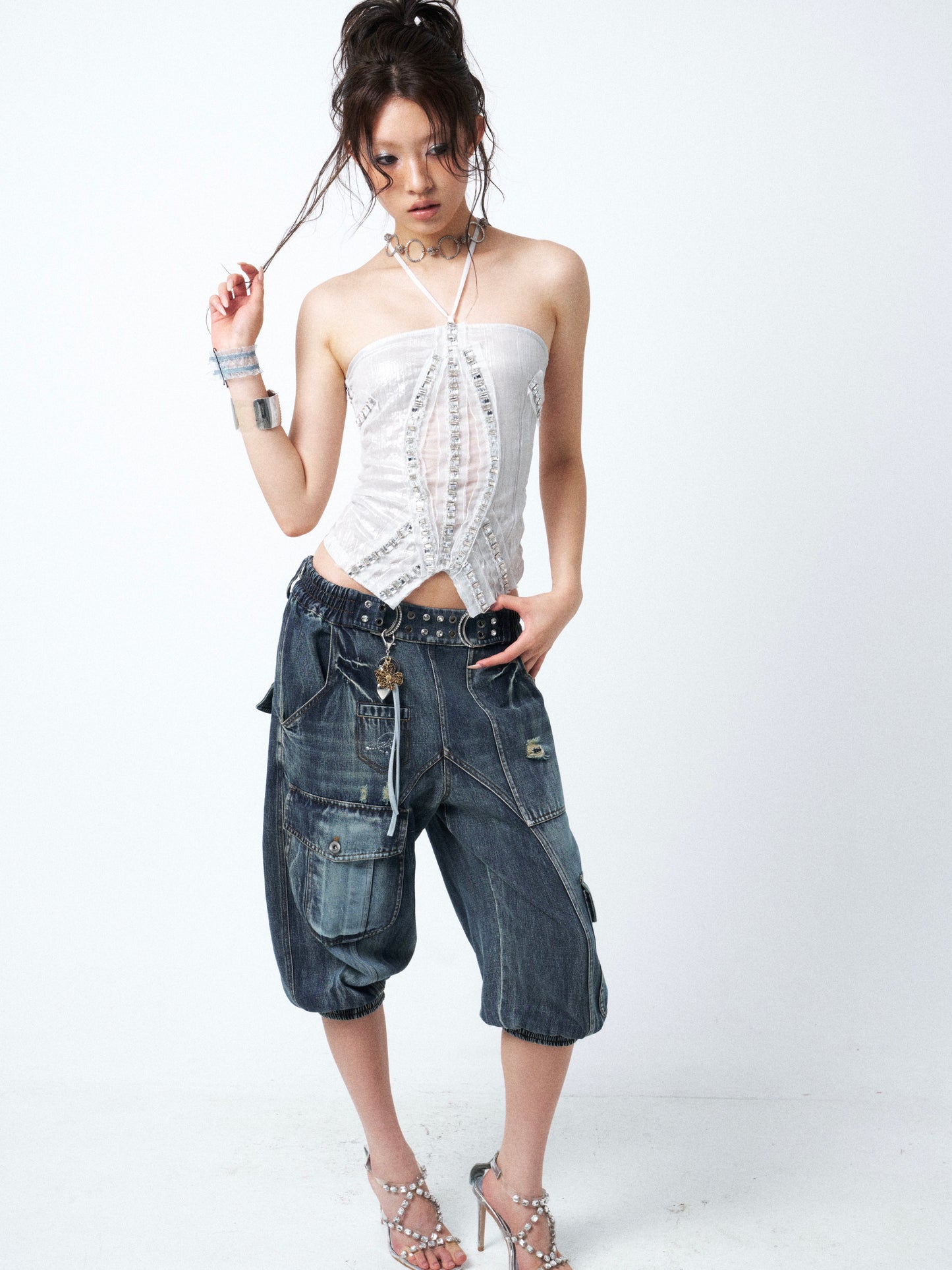 Aqua Blue Distressed Denim Midi Shorts with Rhinestone Studs
