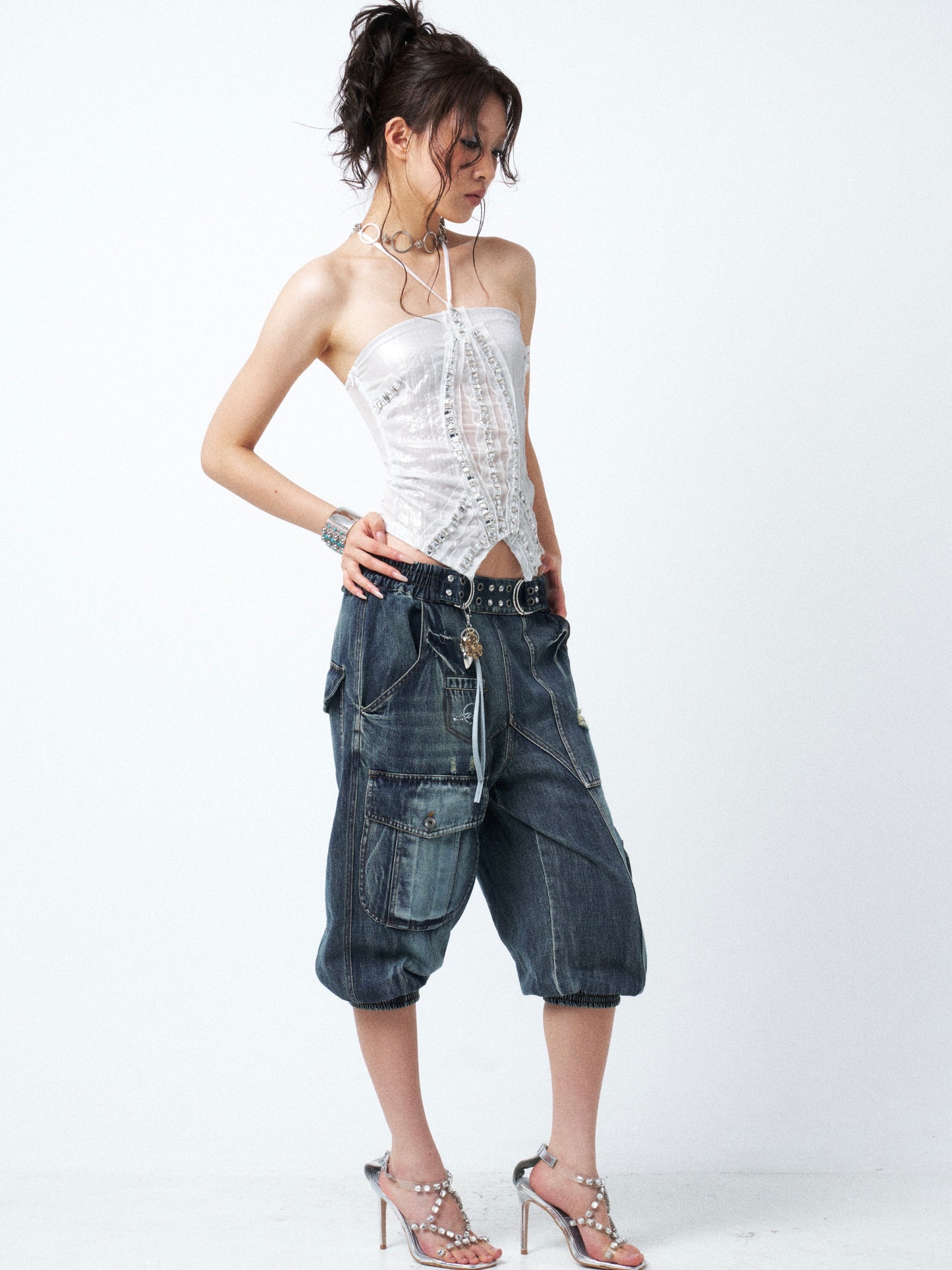 Aqua Blue Distressed Denim Midi Shorts with Rhinestone Studs