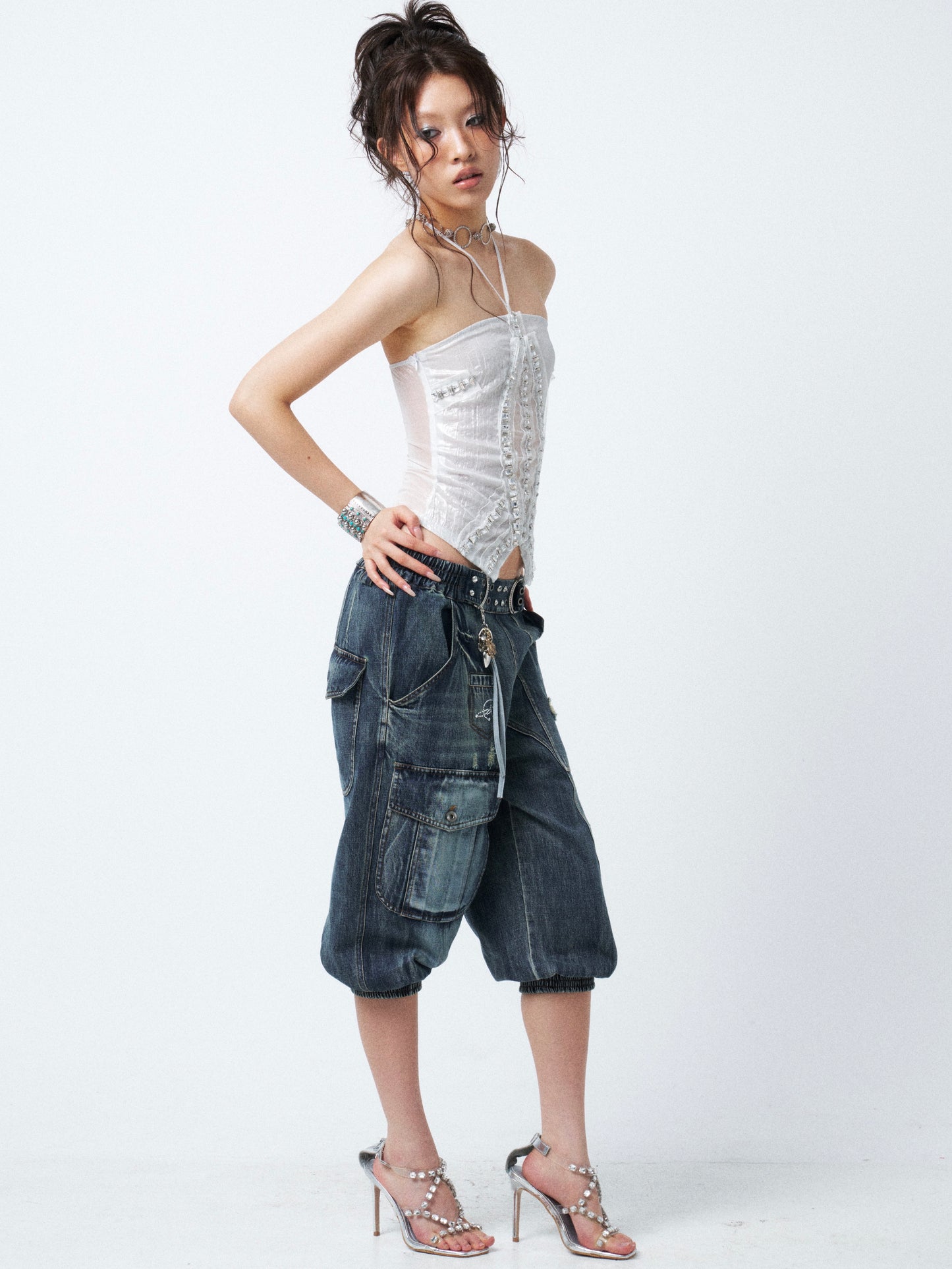 Aqua Blue Distressed Denim Midi Shorts with Rhinestone Studs