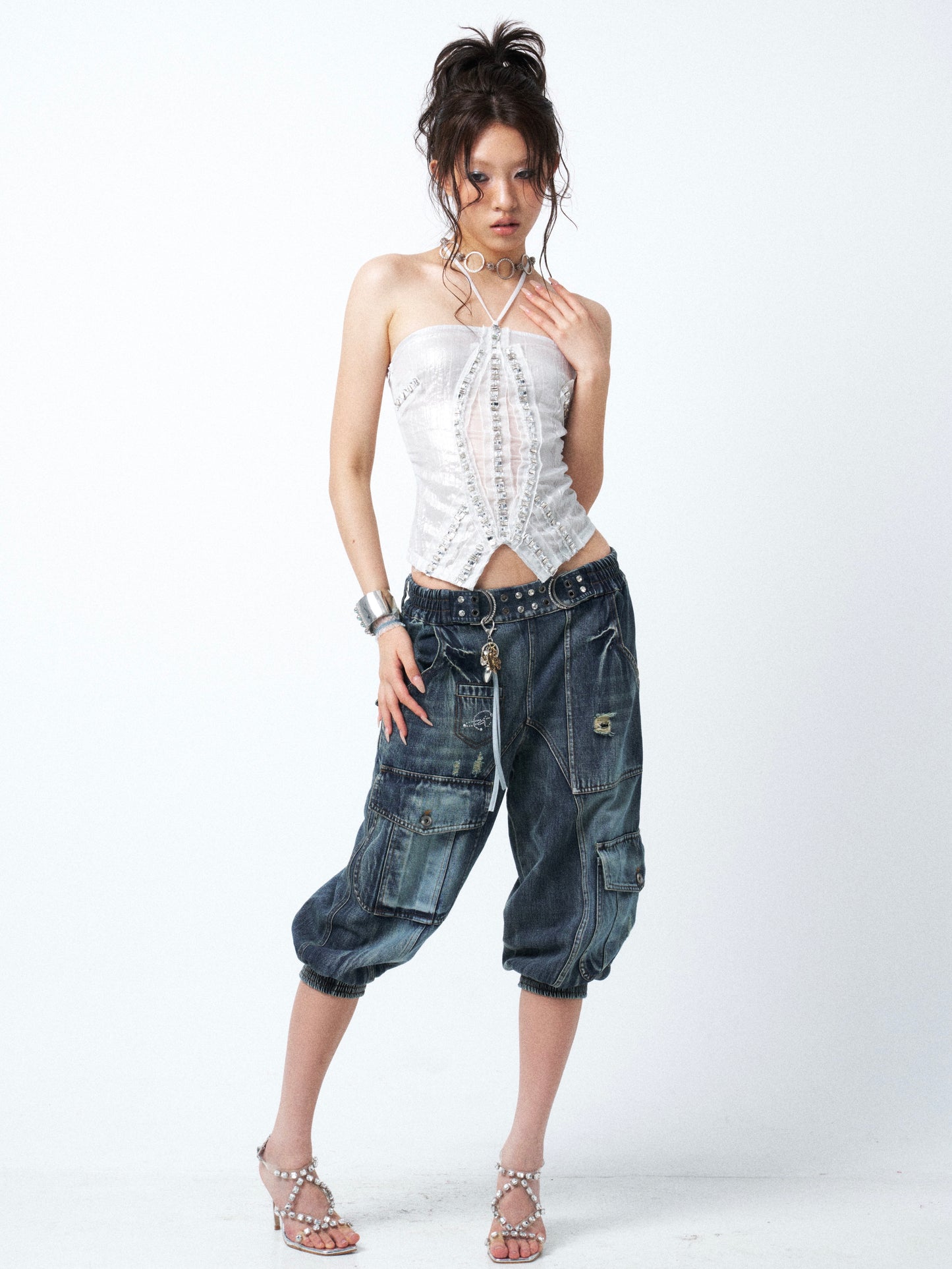 Aqua Blue Distressed Denim Midi Shorts with Rhinestone Studs