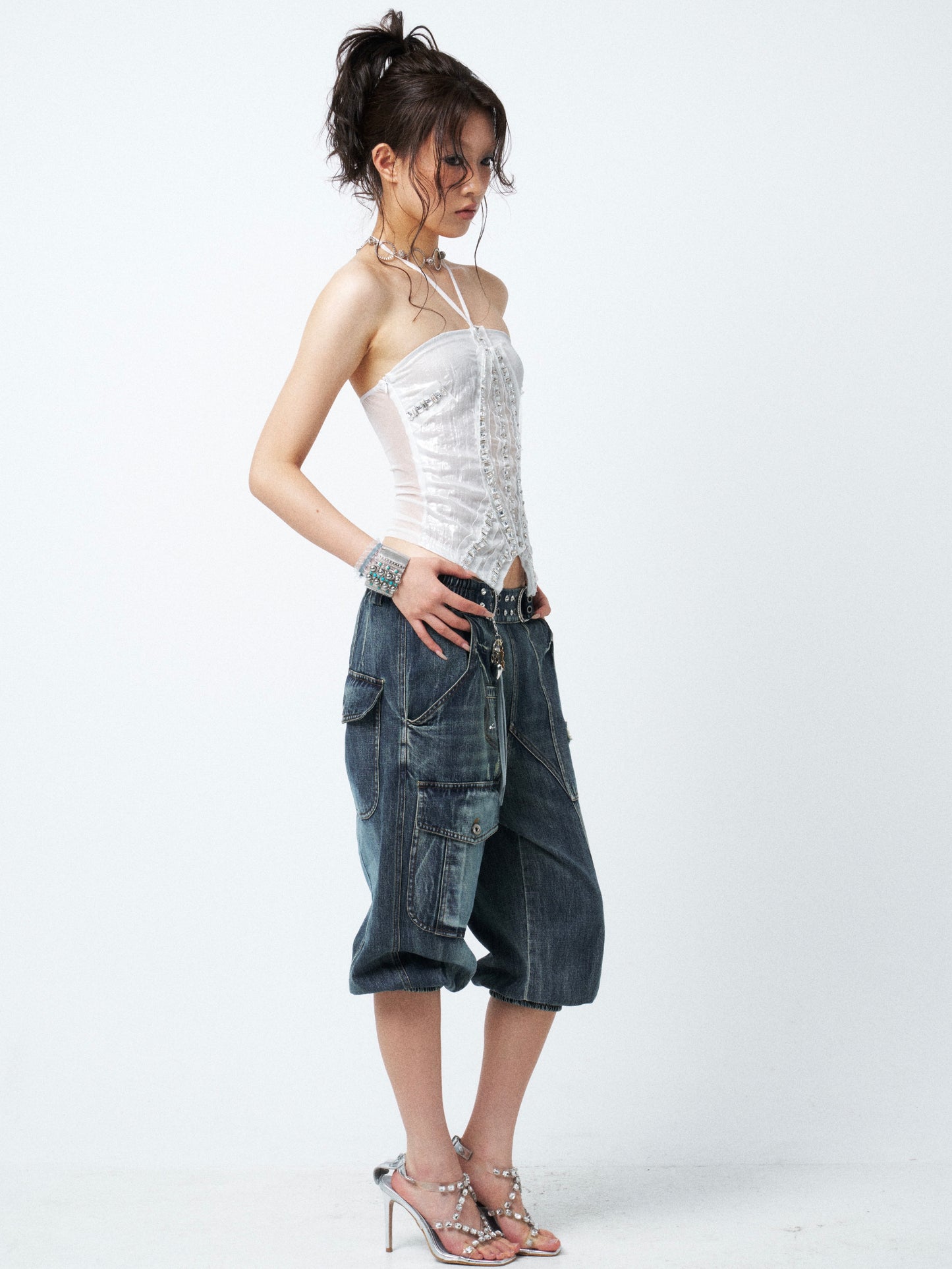 Aqua Blue Distressed Denim Midi Shorts with Rhinestone Studs