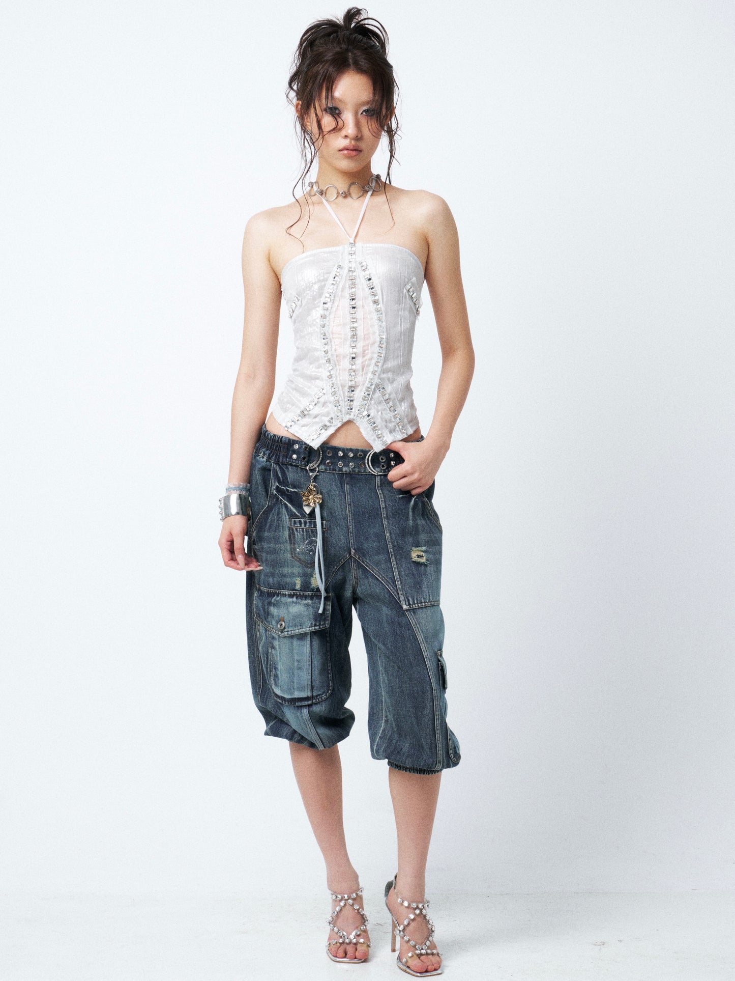 Aqua Blue Distressed Denim Midi Shorts with Rhinestone Studs