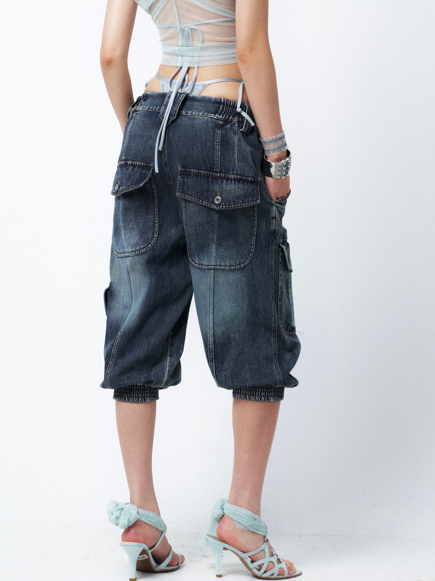 Aqua Blue Distressed Denim Midi Shorts with Rhinestone Studs