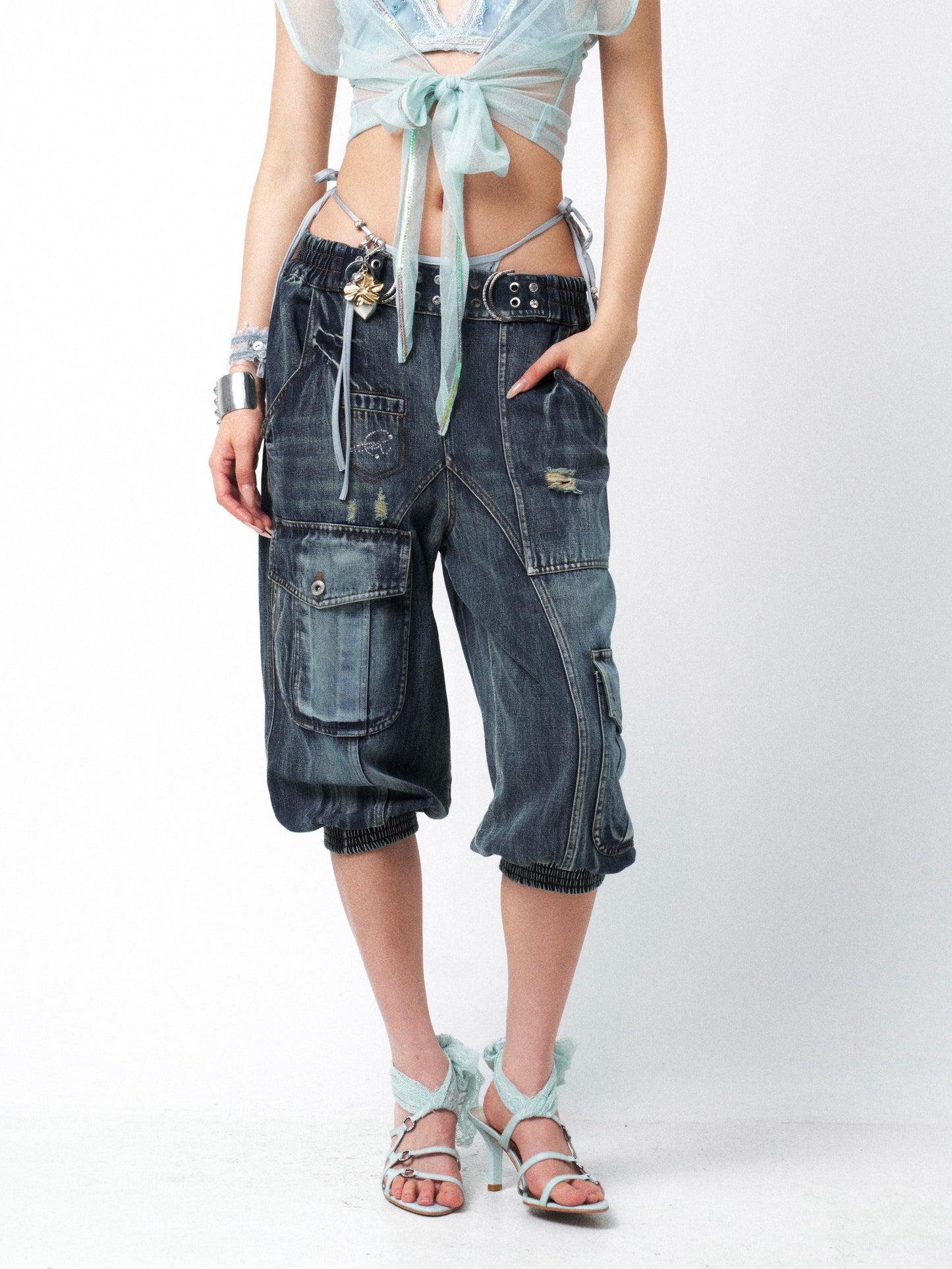 Aqua Blue Distressed Denim Midi Shorts with Rhinestone Studs