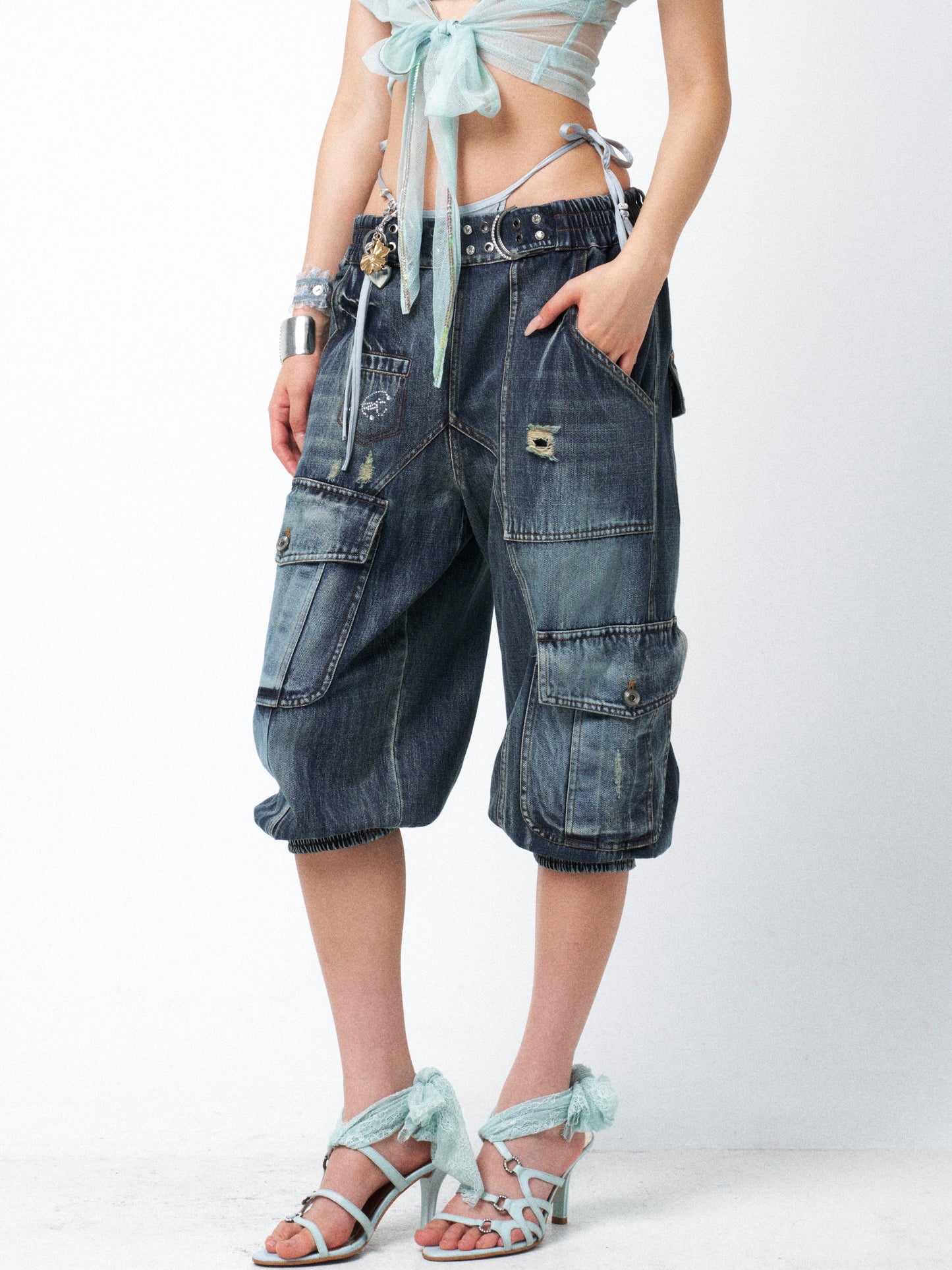 Aqua Blue Distressed Denim Midi Shorts with Rhinestone Studs