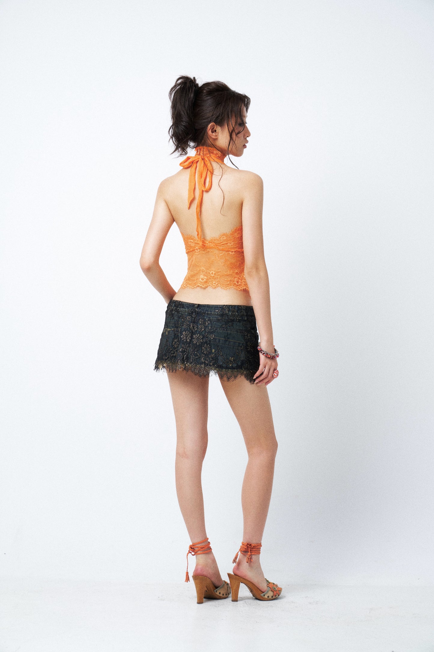 Sequin Lace Halter Top with Drape Neck and Faux Two-Piece Design