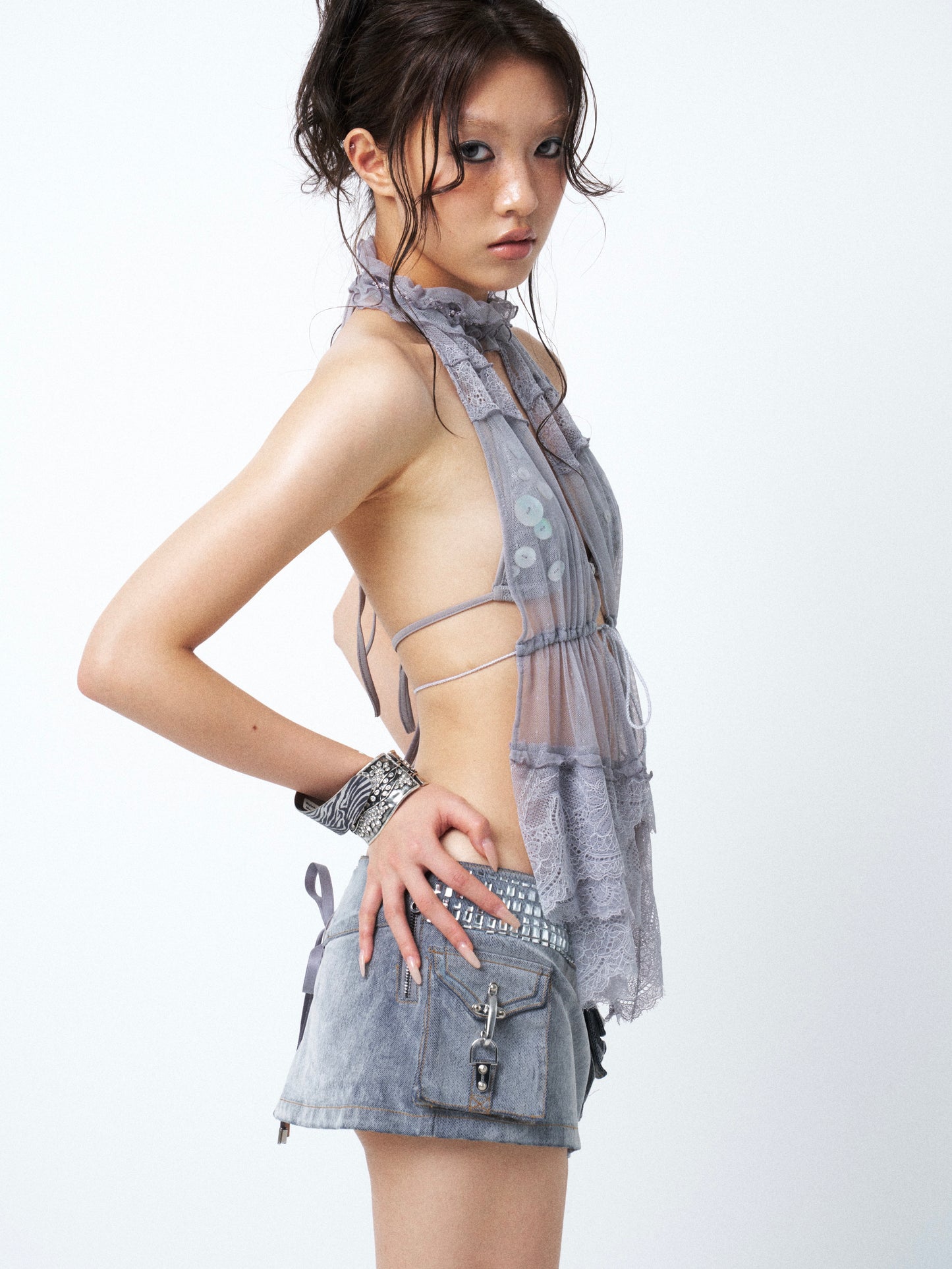Two-Piece Set: Halter Bustier with Sheer Mesh & Lace Cover-Up