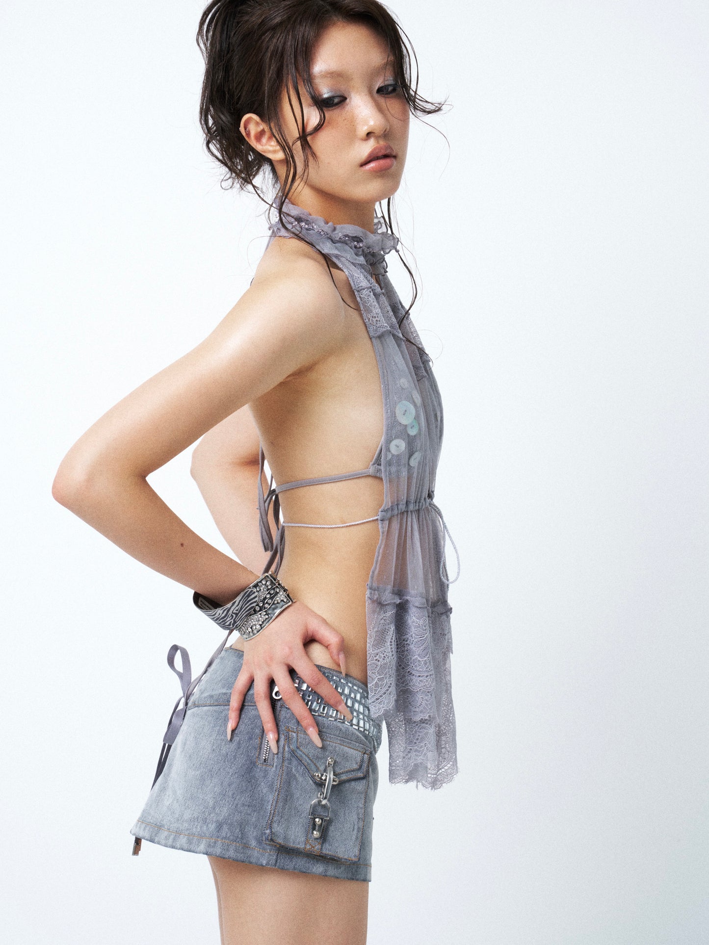Two-Piece Set: Halter Bustier with Sheer Mesh & Lace Cover-Up