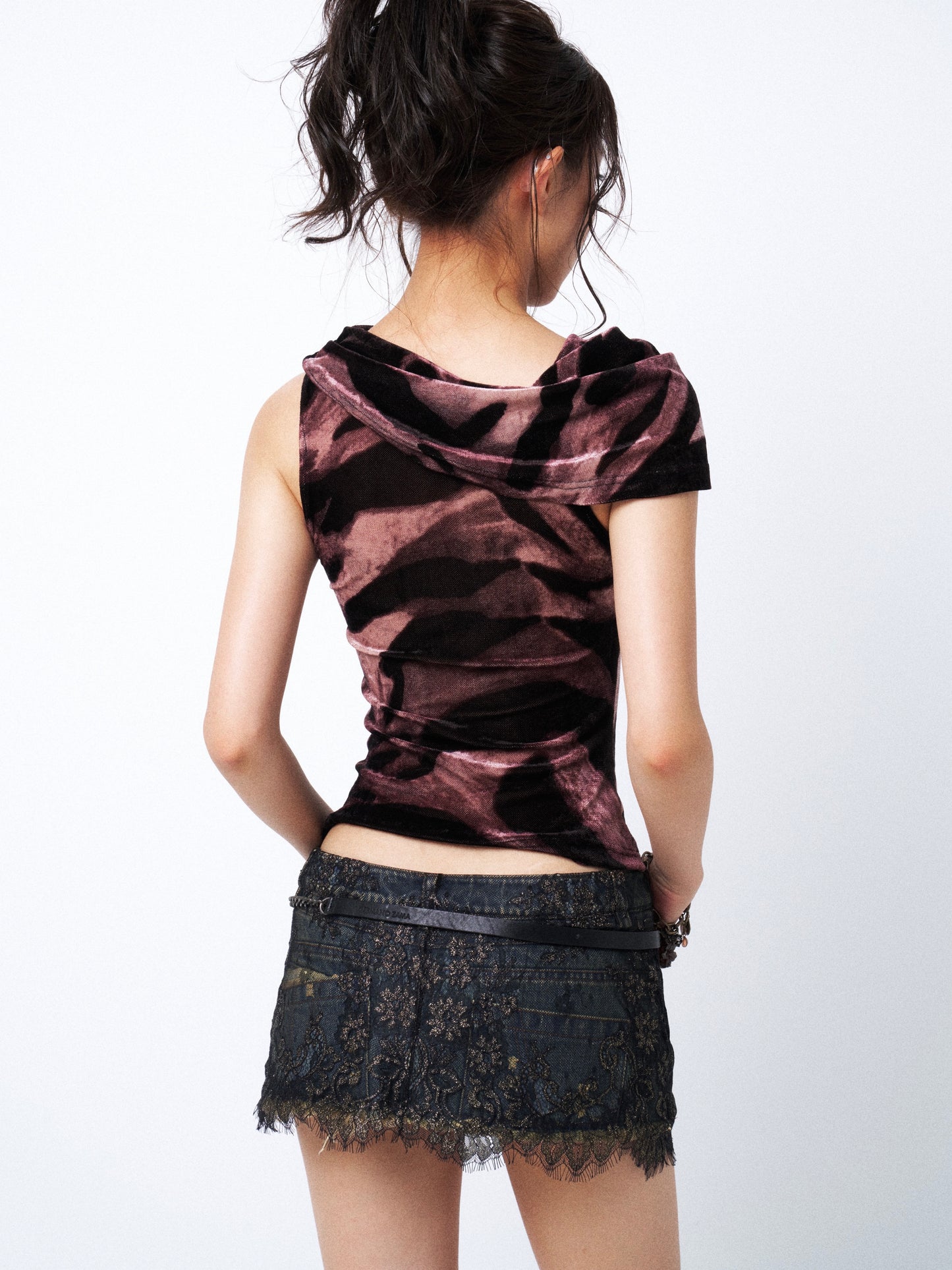Print Top with Lace Insets