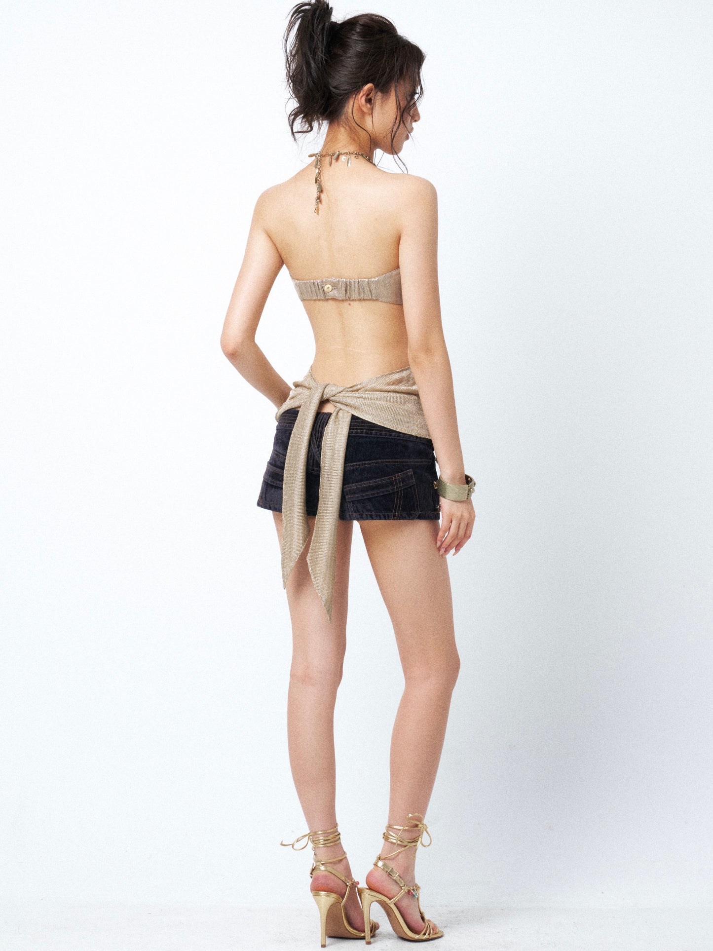 Champagne Gold Two-Piece Set: Rhinestone & Chain Halter Bustier with Sheer Overlay