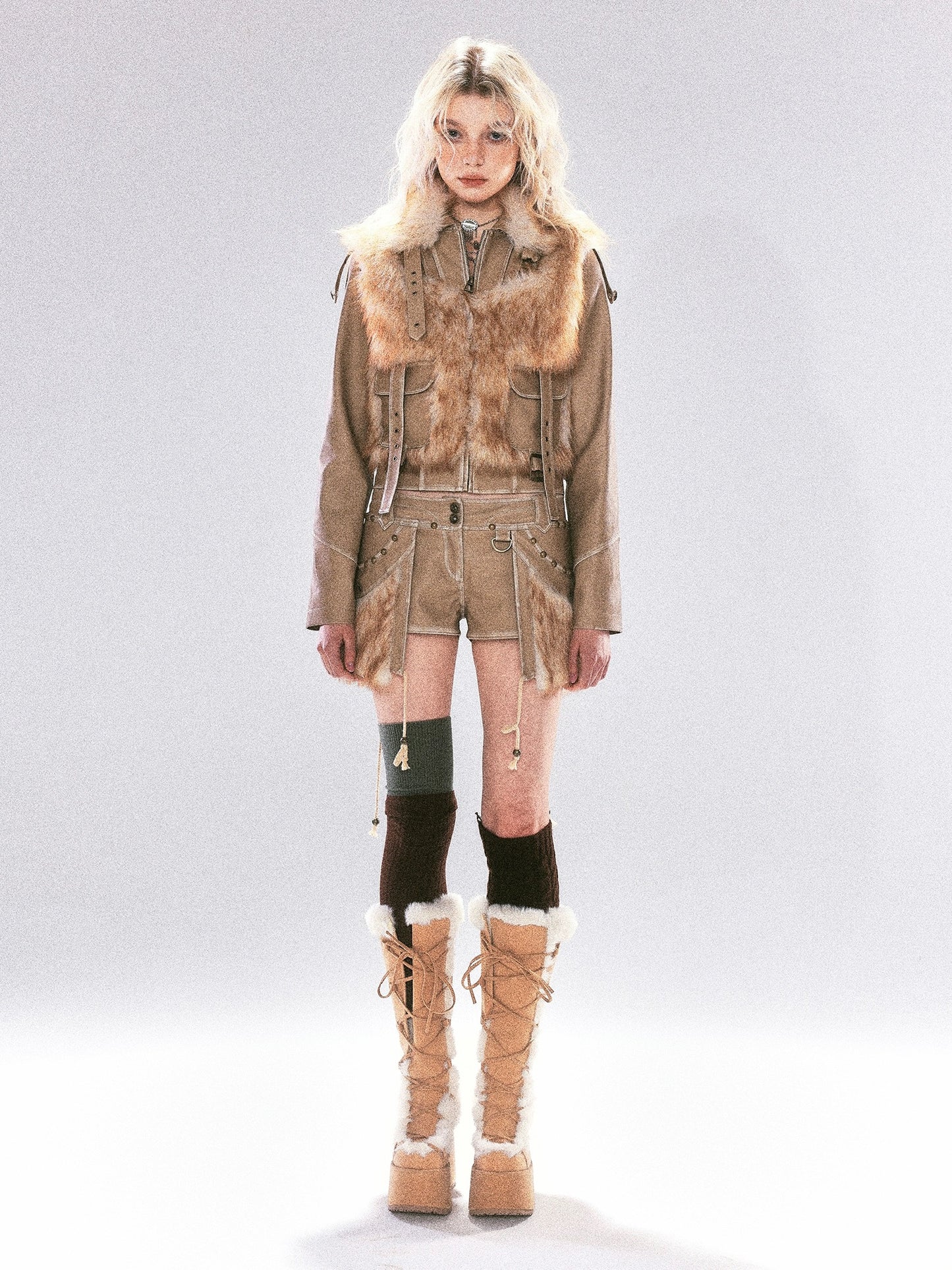 Make old faux leather fur collar patchwork jacket and shorts suit