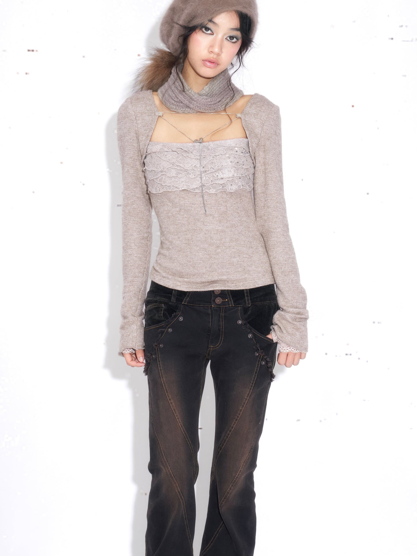 Lace-Trim Knit Faux Two-Piece Top with Rhinestone Detail