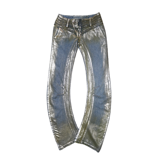 Vintage Washed Denim Jeans with Silver Foil & Curved Hem