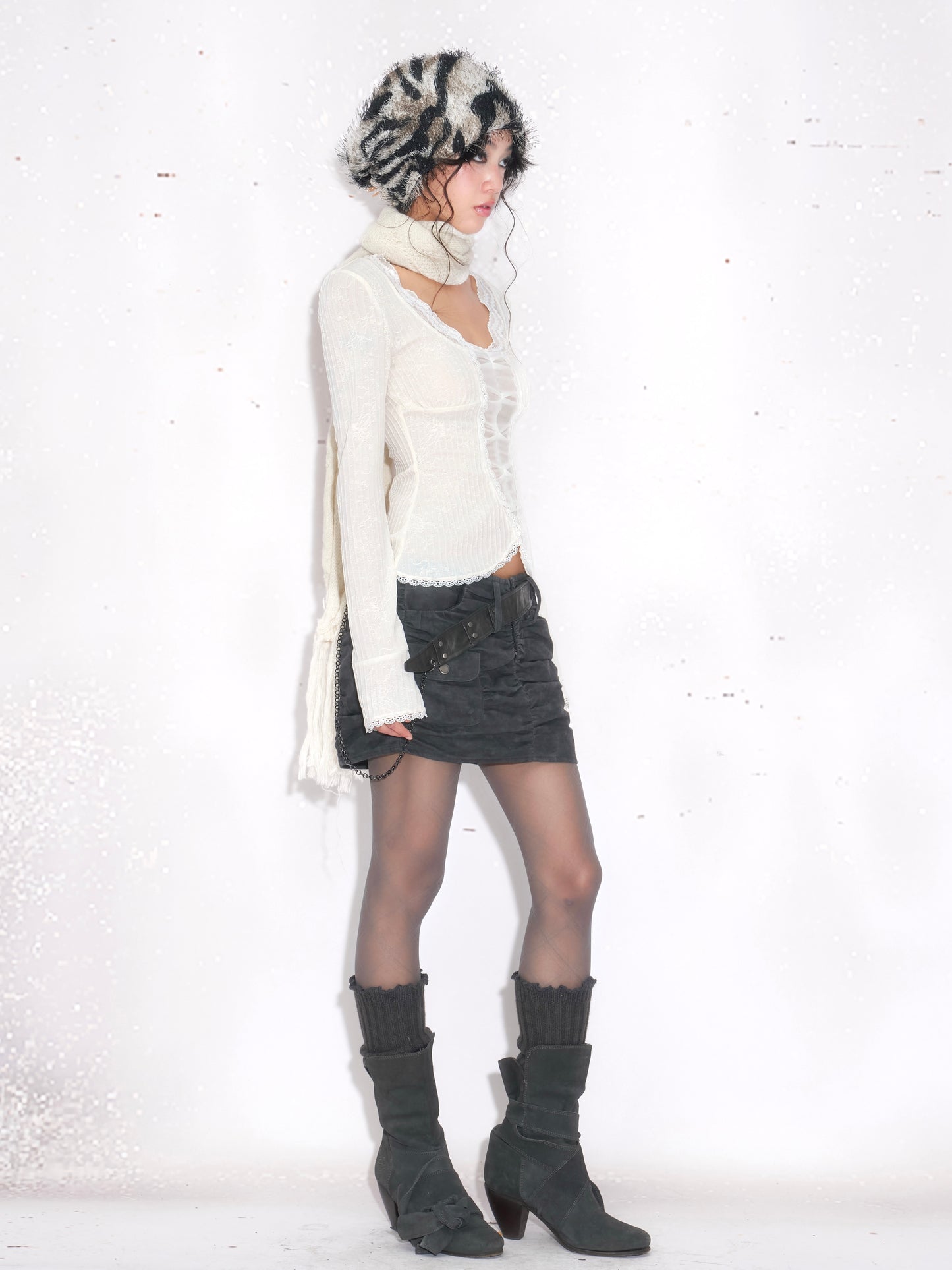 French Lace-Trim White Knit Top
