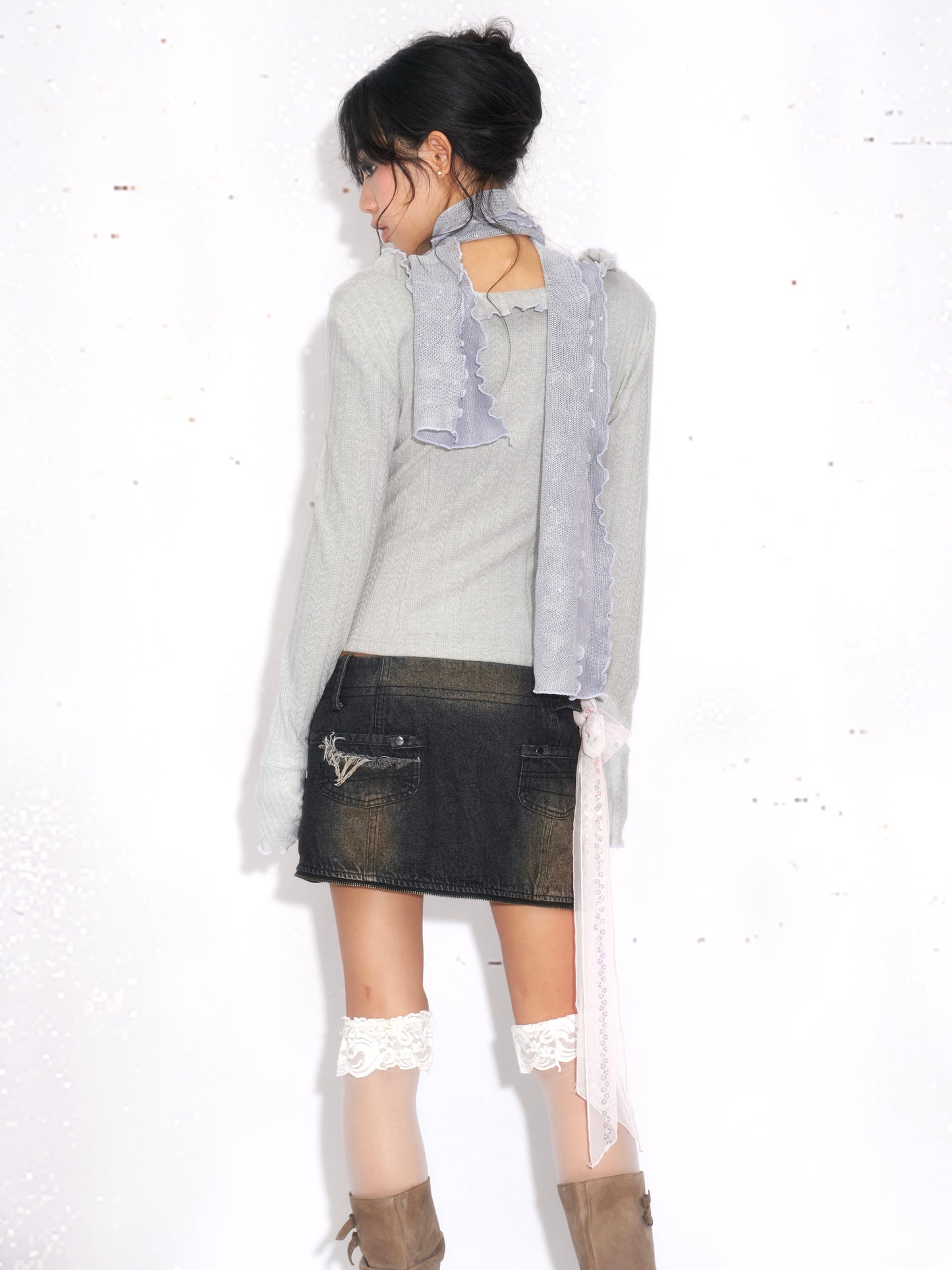 Lace-Trim Knit Tank and Cardigan Set with Scarf