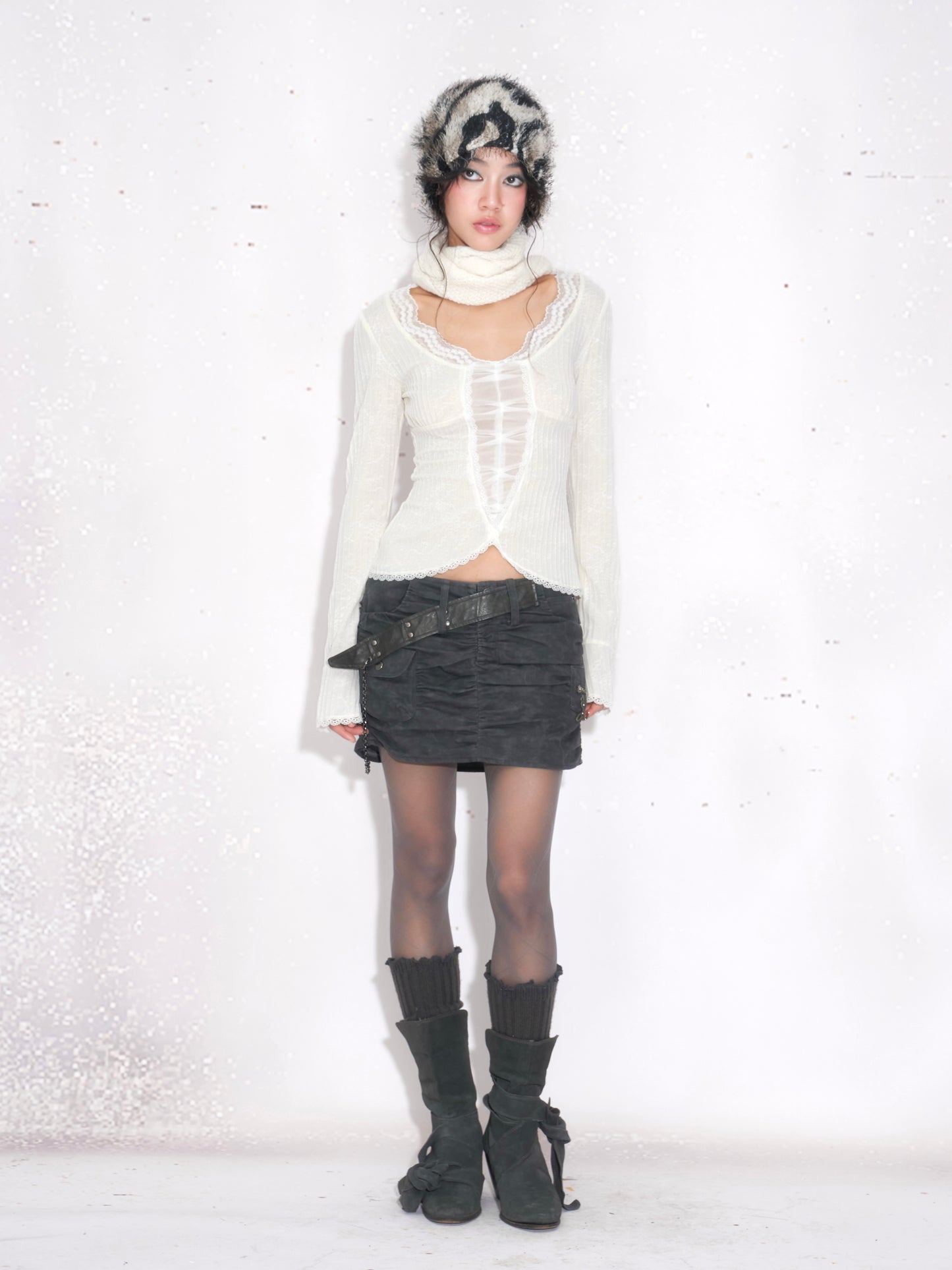 French Lace-Trim White Knit Top