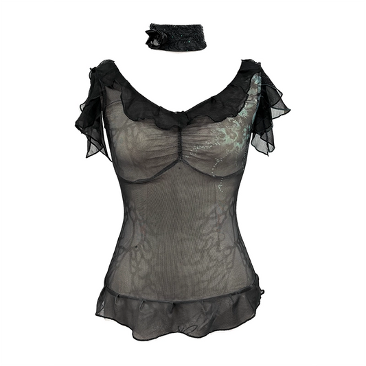 Printed gauze and knitted spliced top with a neck gaiter