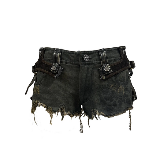 Washed distressed denim low-rise jeans with frayed edges