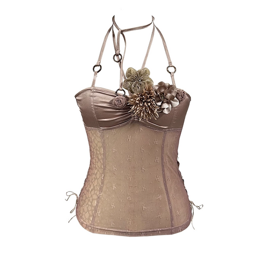 Mesh panel top with dimensional floral appliqué