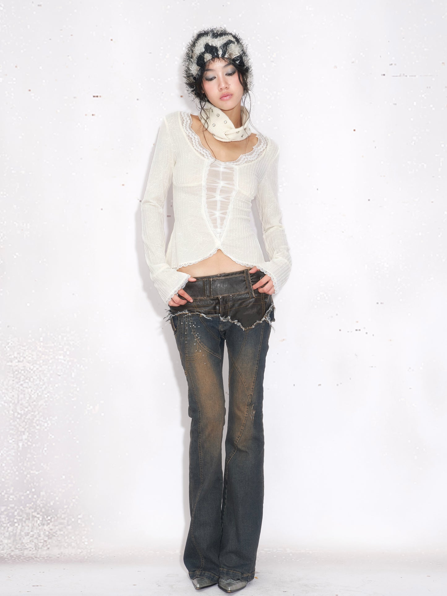 Leather-Paneled Rhinestone Low-Rise Slight Flared Jeans