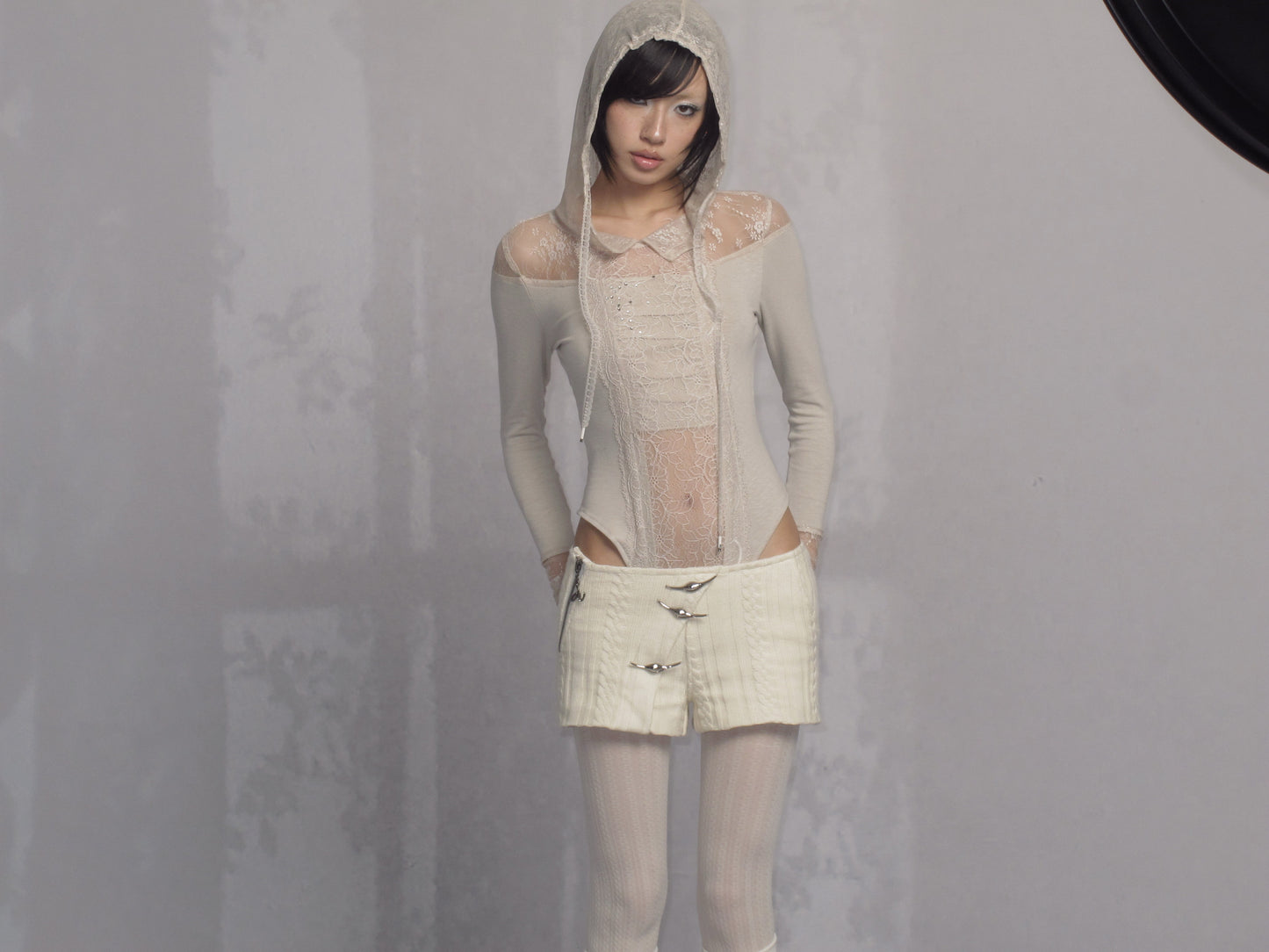 Lace and Jersey Paneled Hooded Long Sleeve Bodysuit