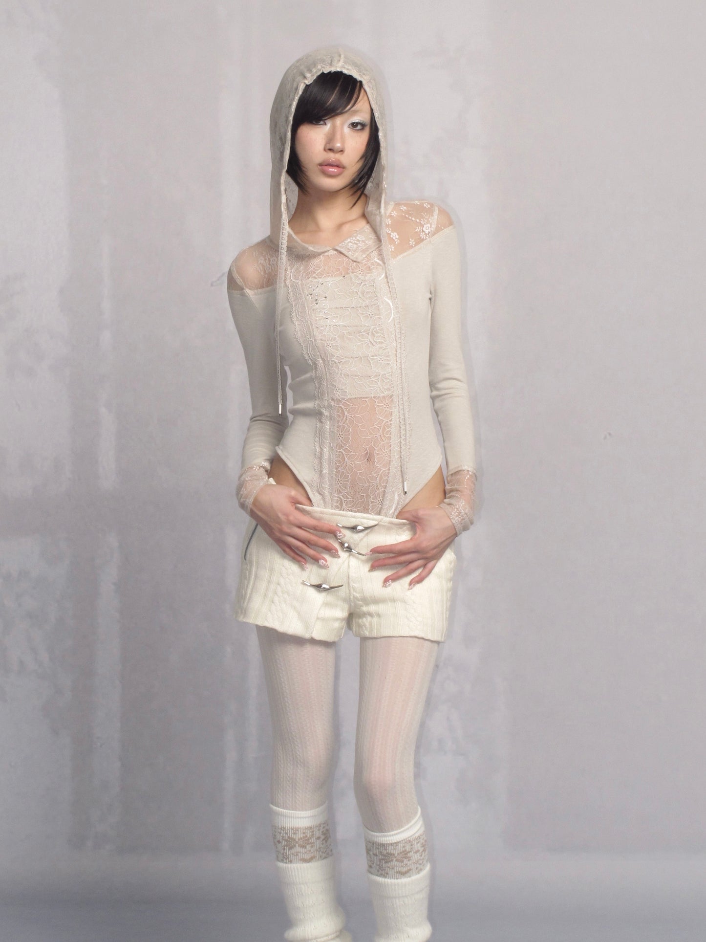 Lace and Jersey Paneled Hooded Long Sleeve Bodysuit