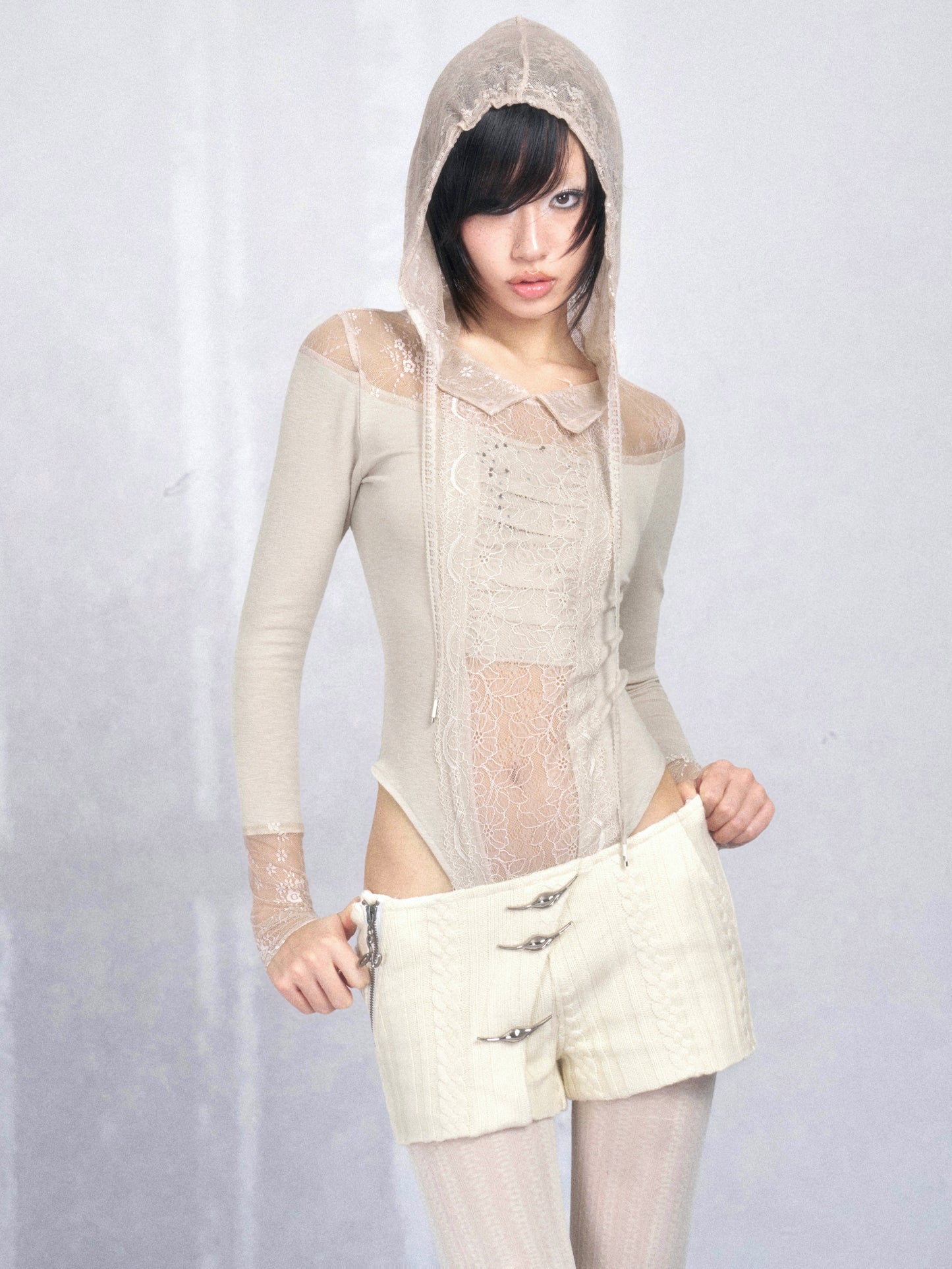 Lace and Jersey Paneled Hooded Long Sleeve Bodysuit