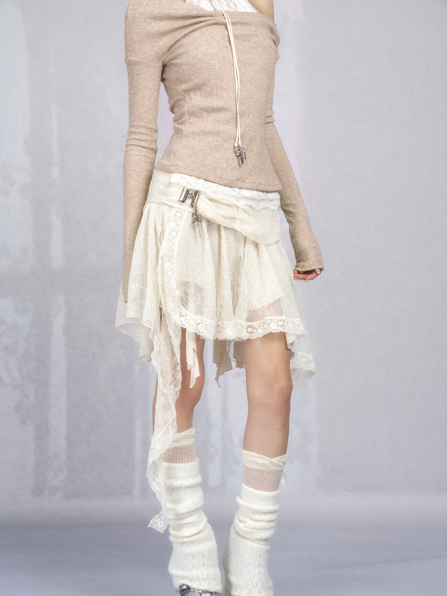 Sheer Draped Layered Lace Skirt