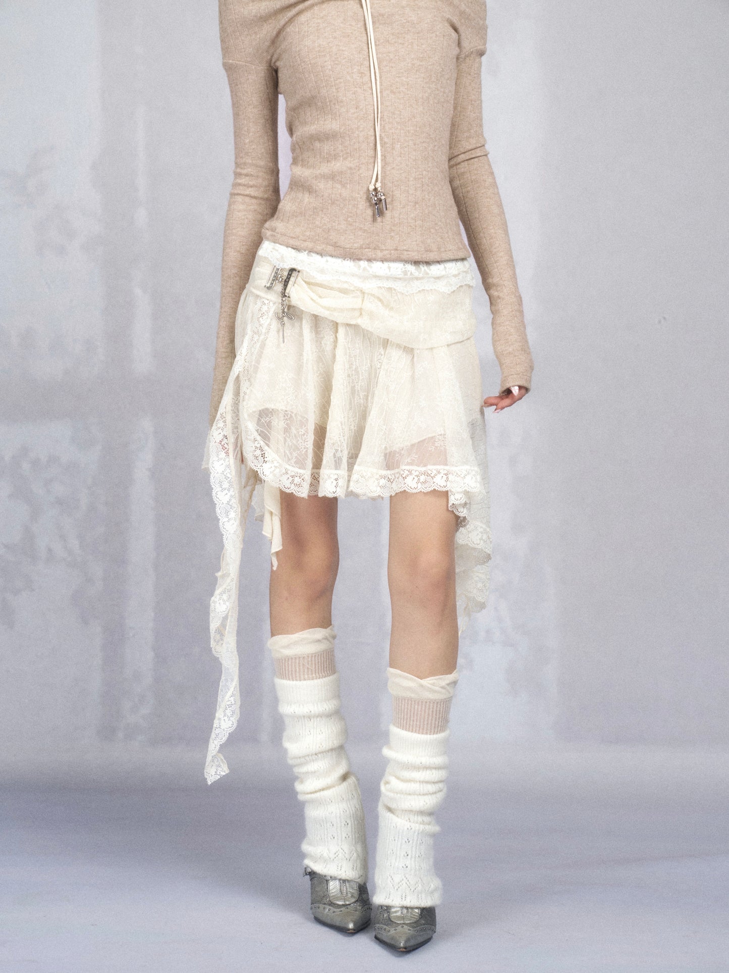 Sheer Draped Layered Lace Skirt