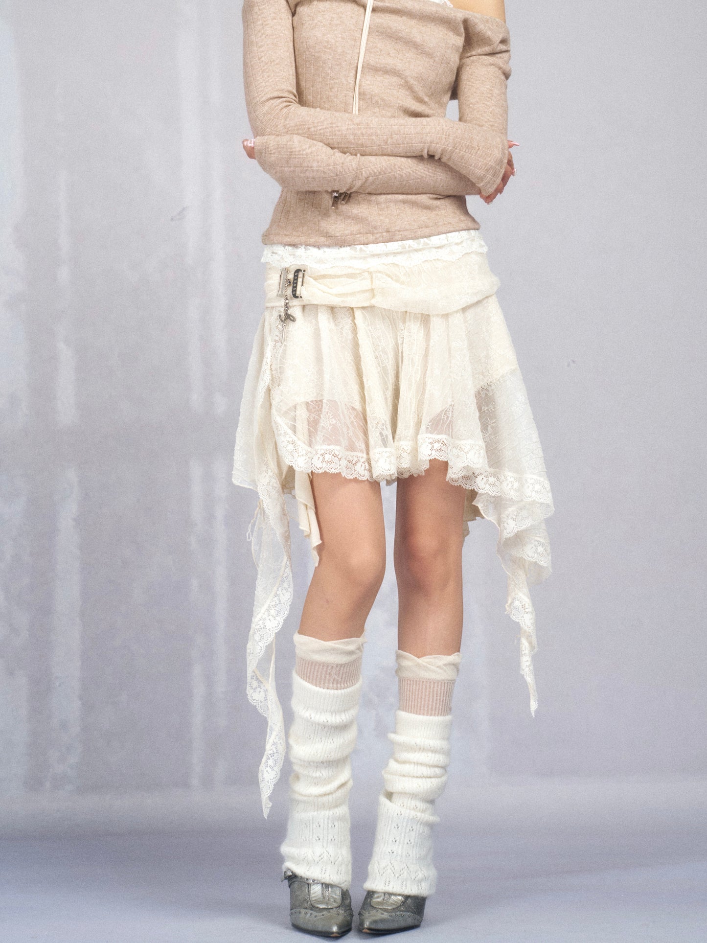 Sheer Draped Layered Lace Skirt