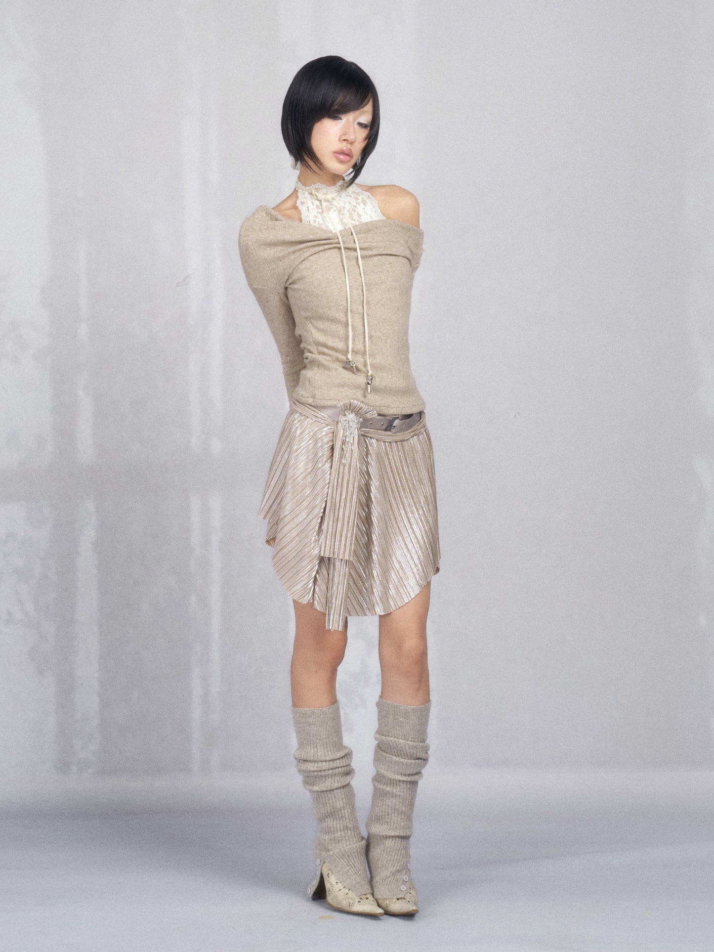 Metallic Asymmetric Ruched Skirt with Rhinestones (Belt Included)