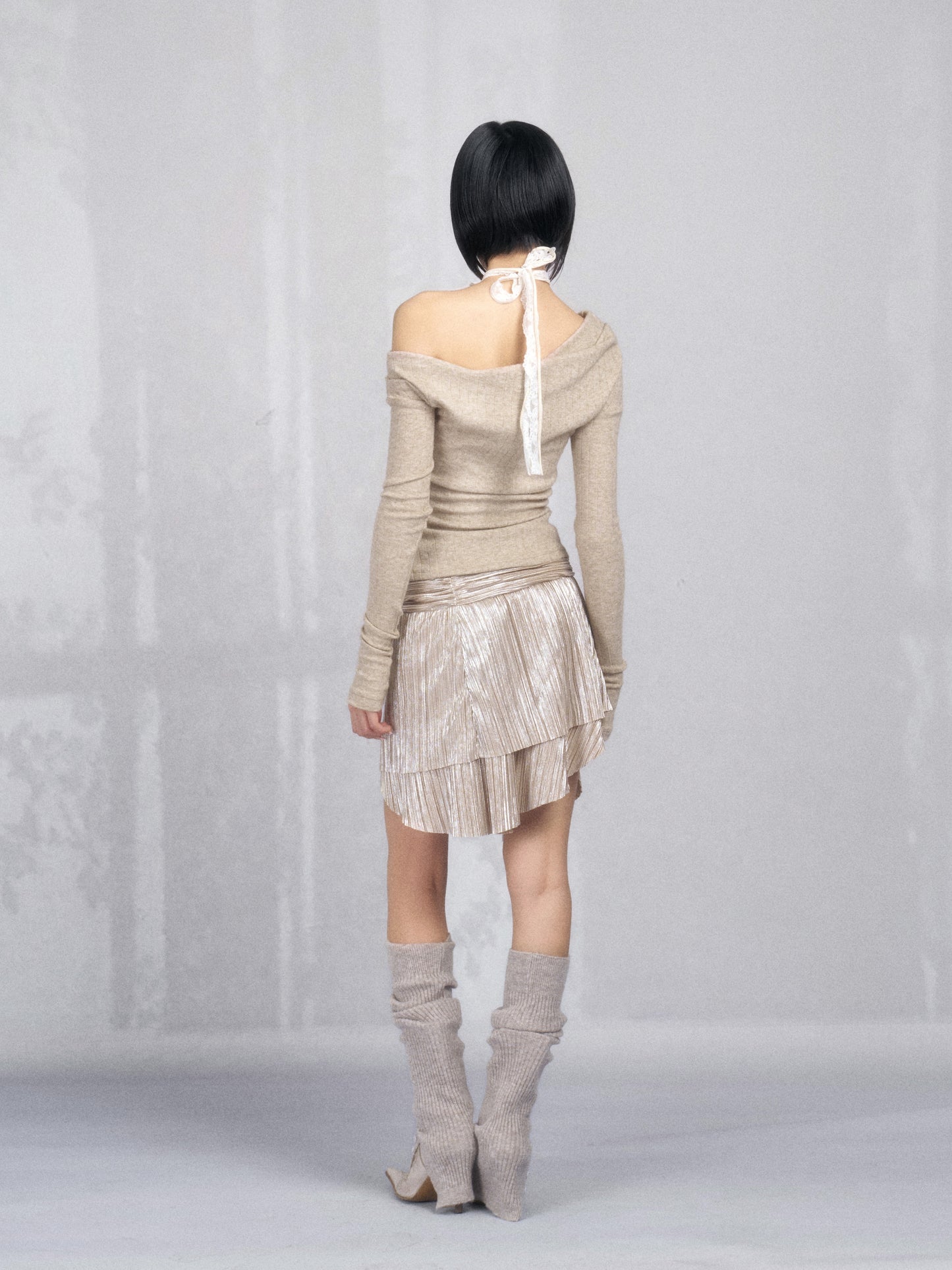 Metallic Asymmetric Ruched Skirt with Rhinestones (Belt Included)
