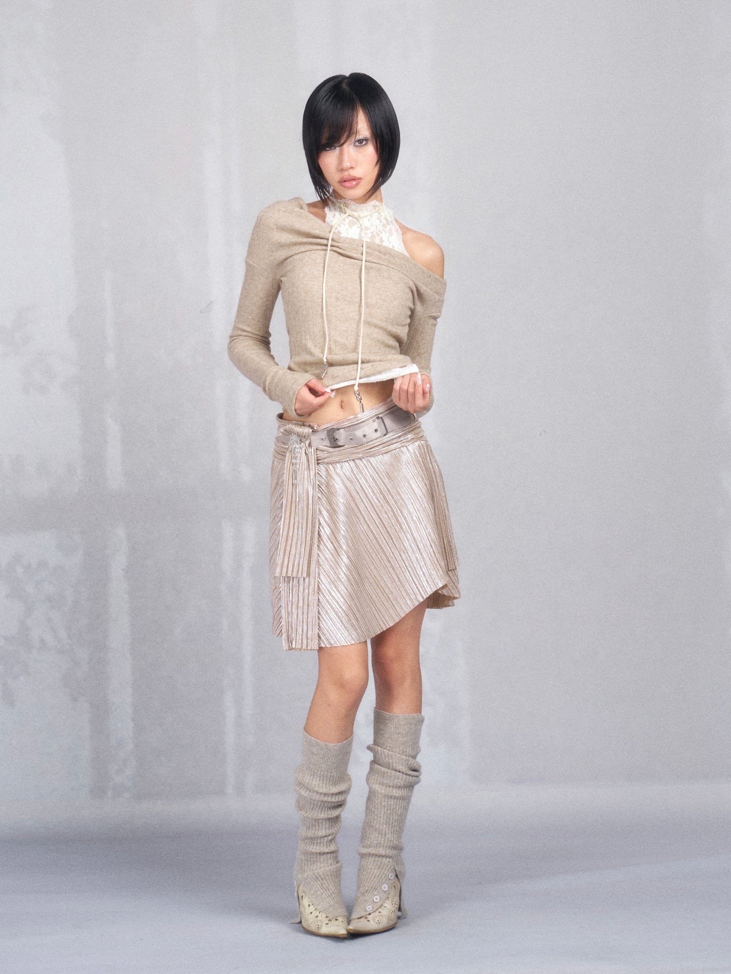 Lace and Knit Faux Two-Piece Halter Top