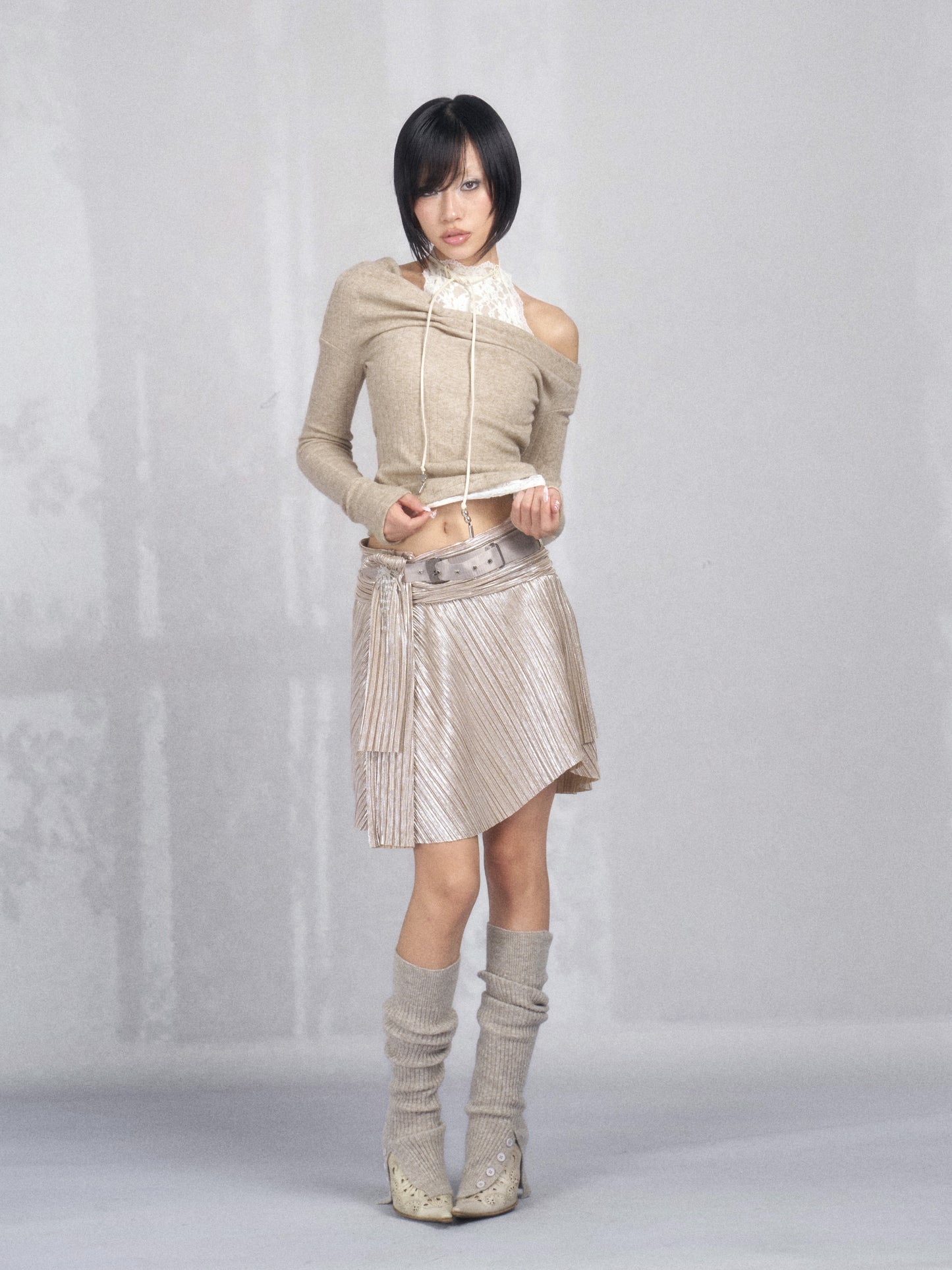 Metallic Asymmetric Ruched Skirt with Rhinestones (Belt Included)