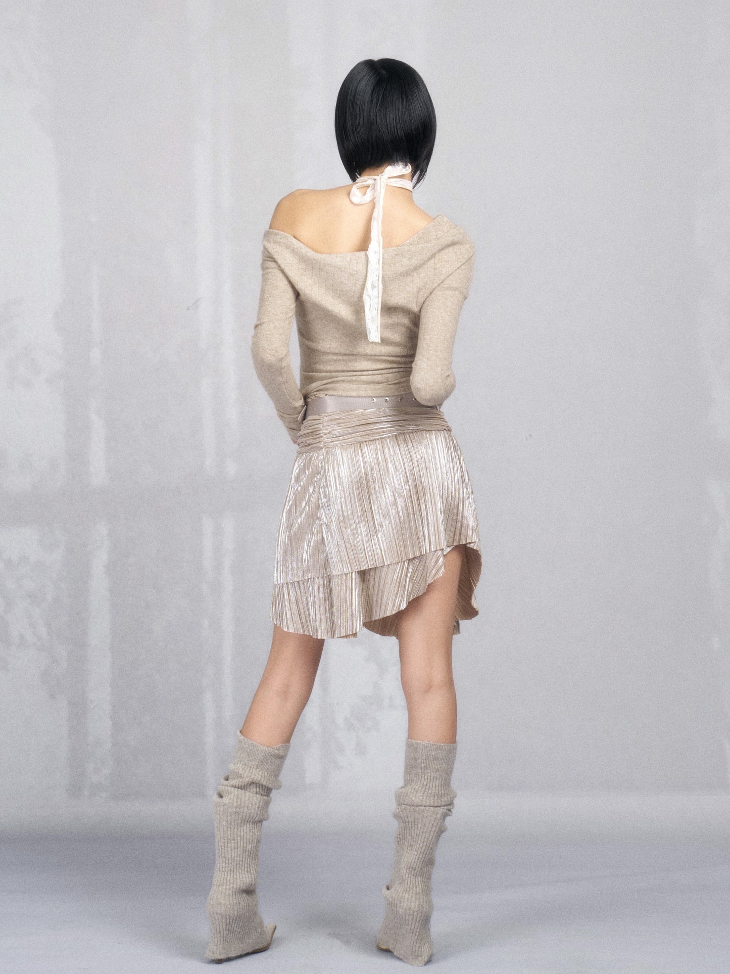 Metallic Asymmetric Ruched Skirt with Rhinestones (Belt Included)