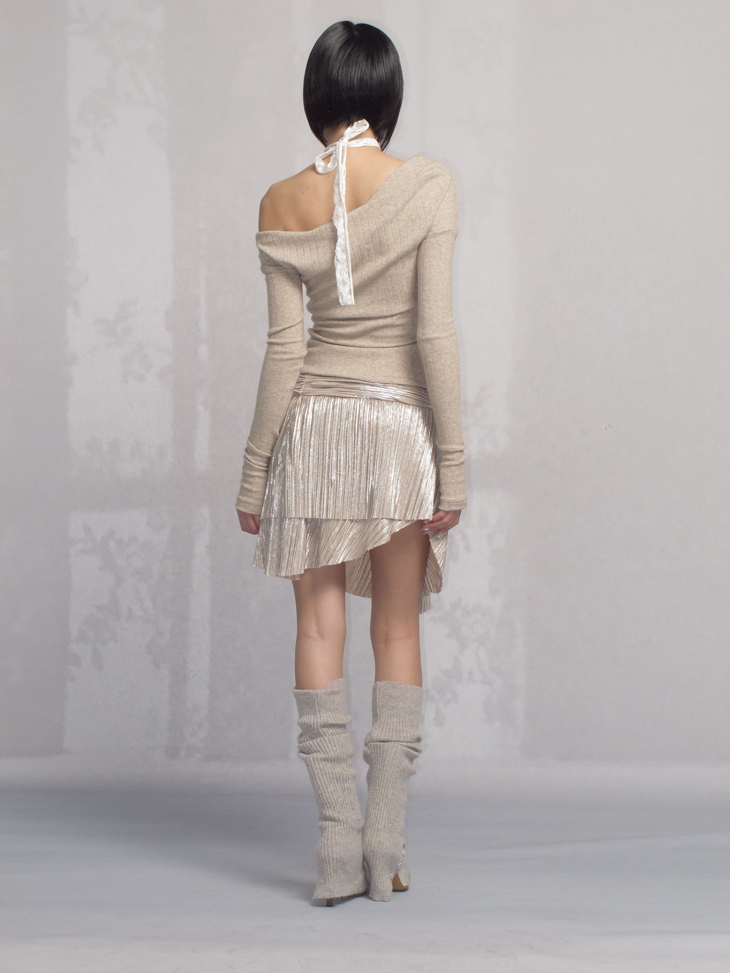 Metallic Asymmetric Ruched Skirt with Rhinestones (Belt Included)