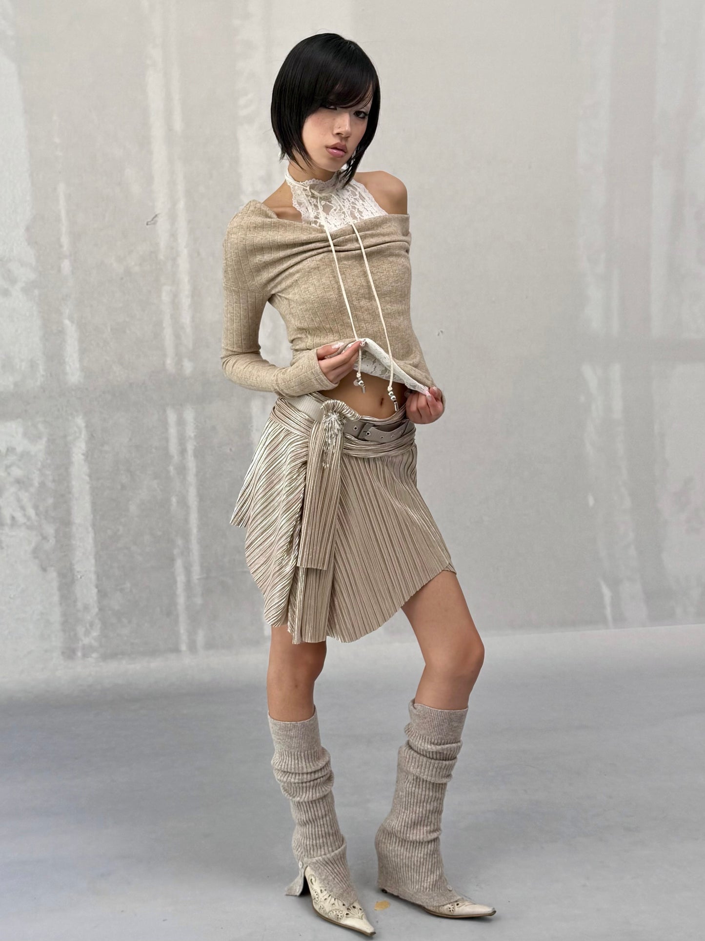 Metallic Asymmetric Ruched Skirt with Rhinestones (Belt Included)