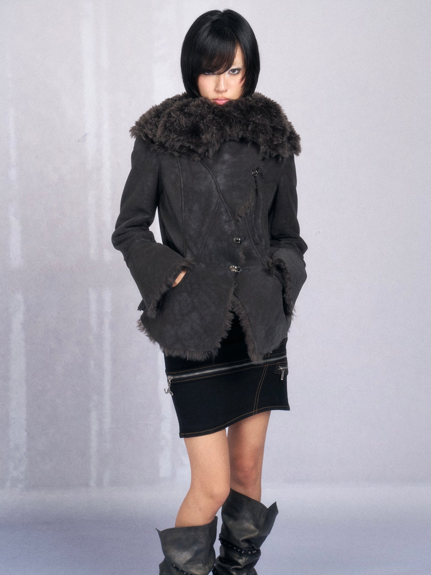 Dark Shearling Leather Jacket with Oversized Fur Collar