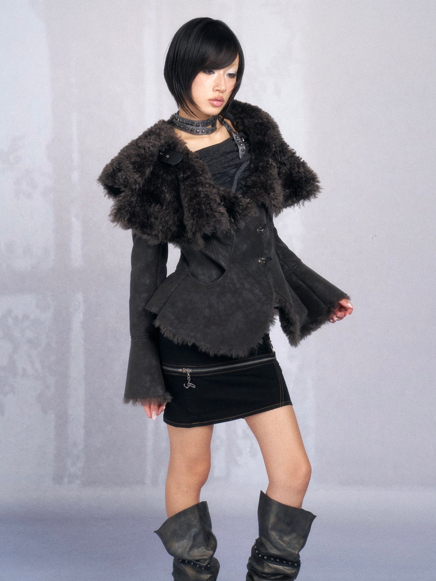 Dark Shearling Leather Jacket with Oversized Fur Collar