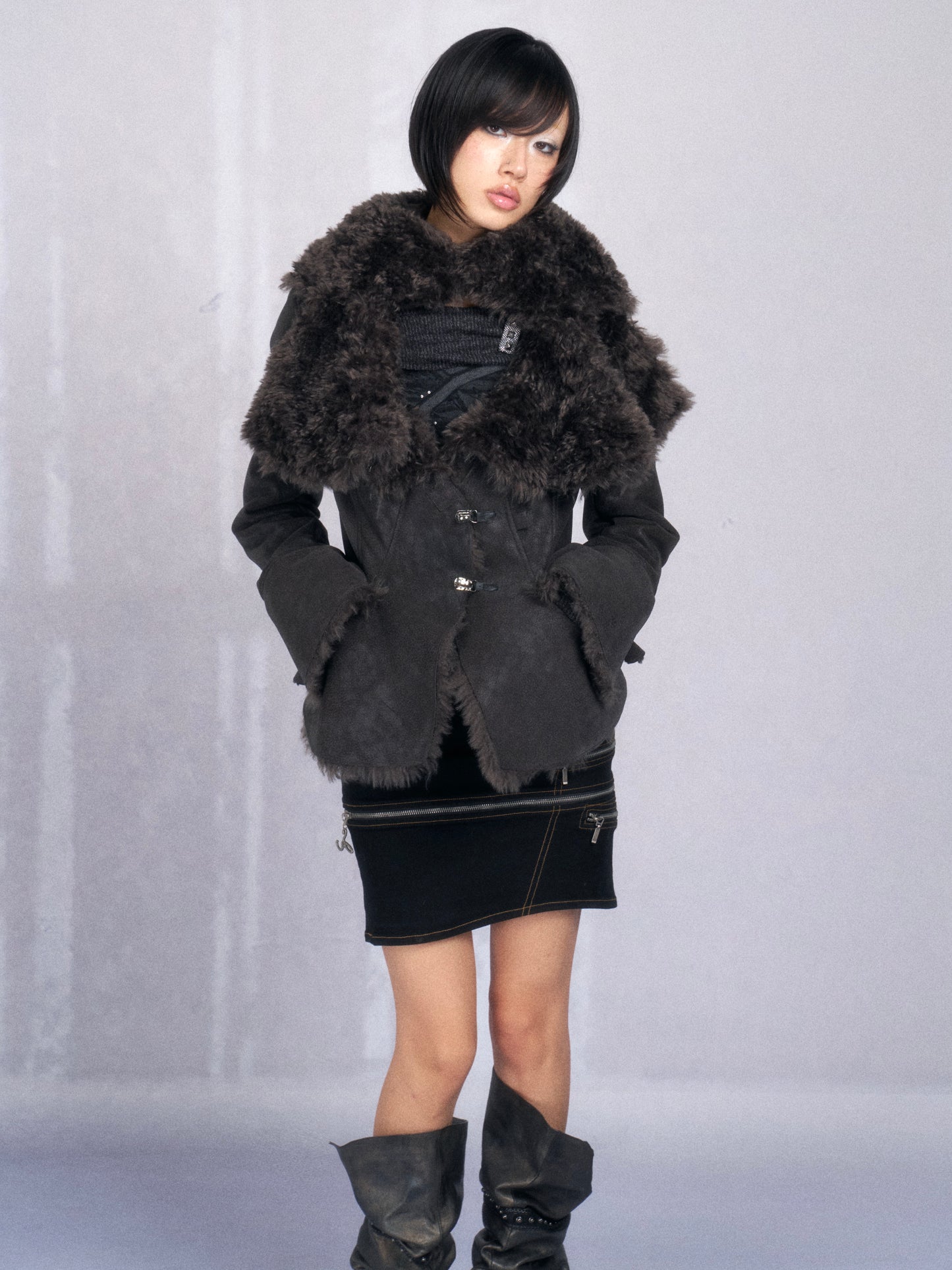 Dark Shearling Leather Jacket with Oversized Fur Collar