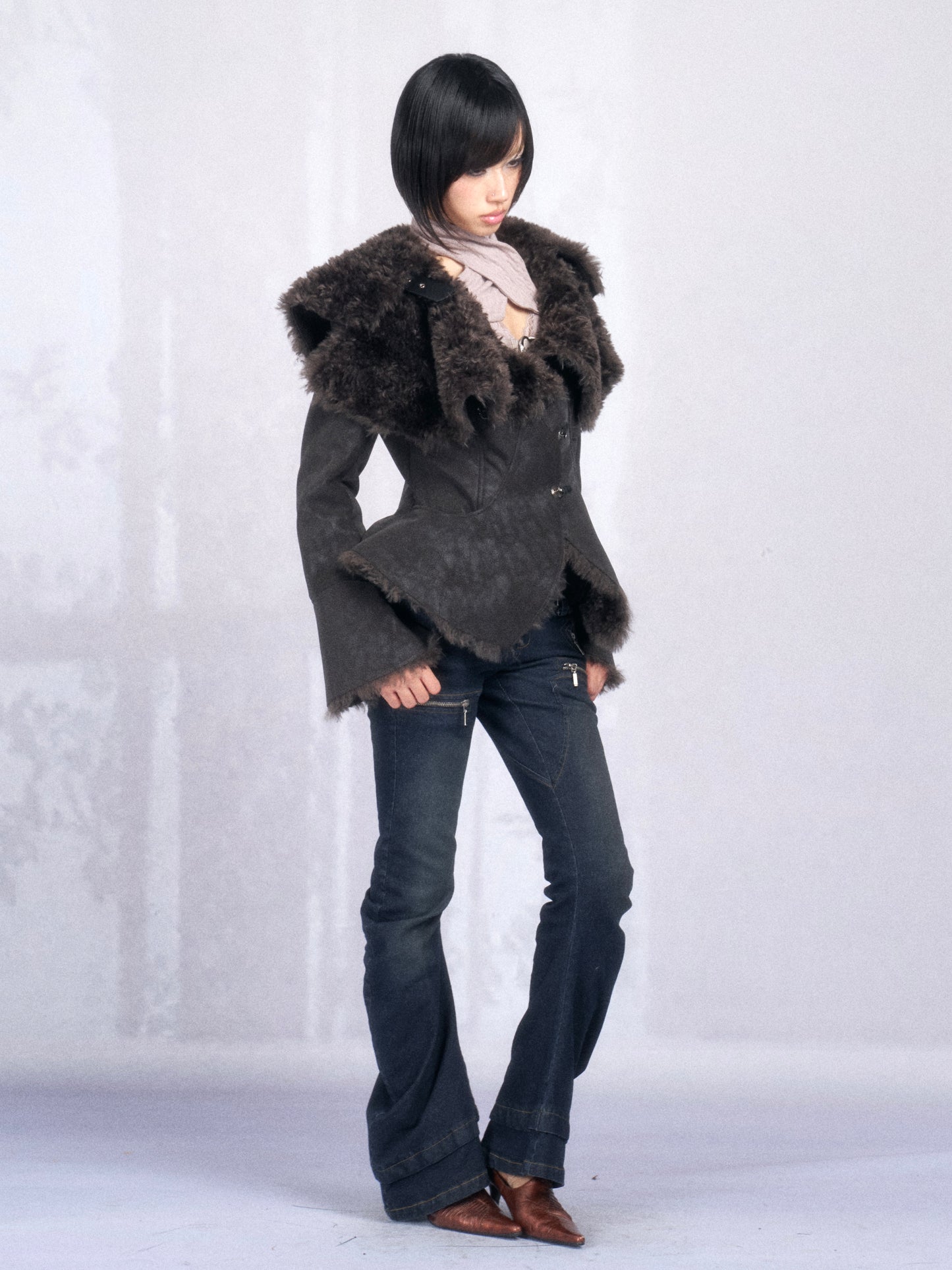 Dark Shearling Leather Jacket with Oversized Fur Collar
