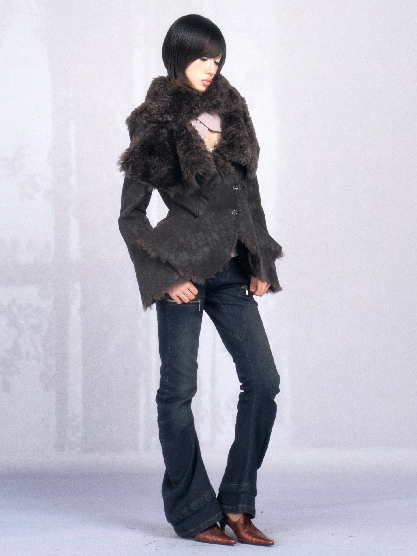 Dark Shearling Leather Jacket with Oversized Fur Collar