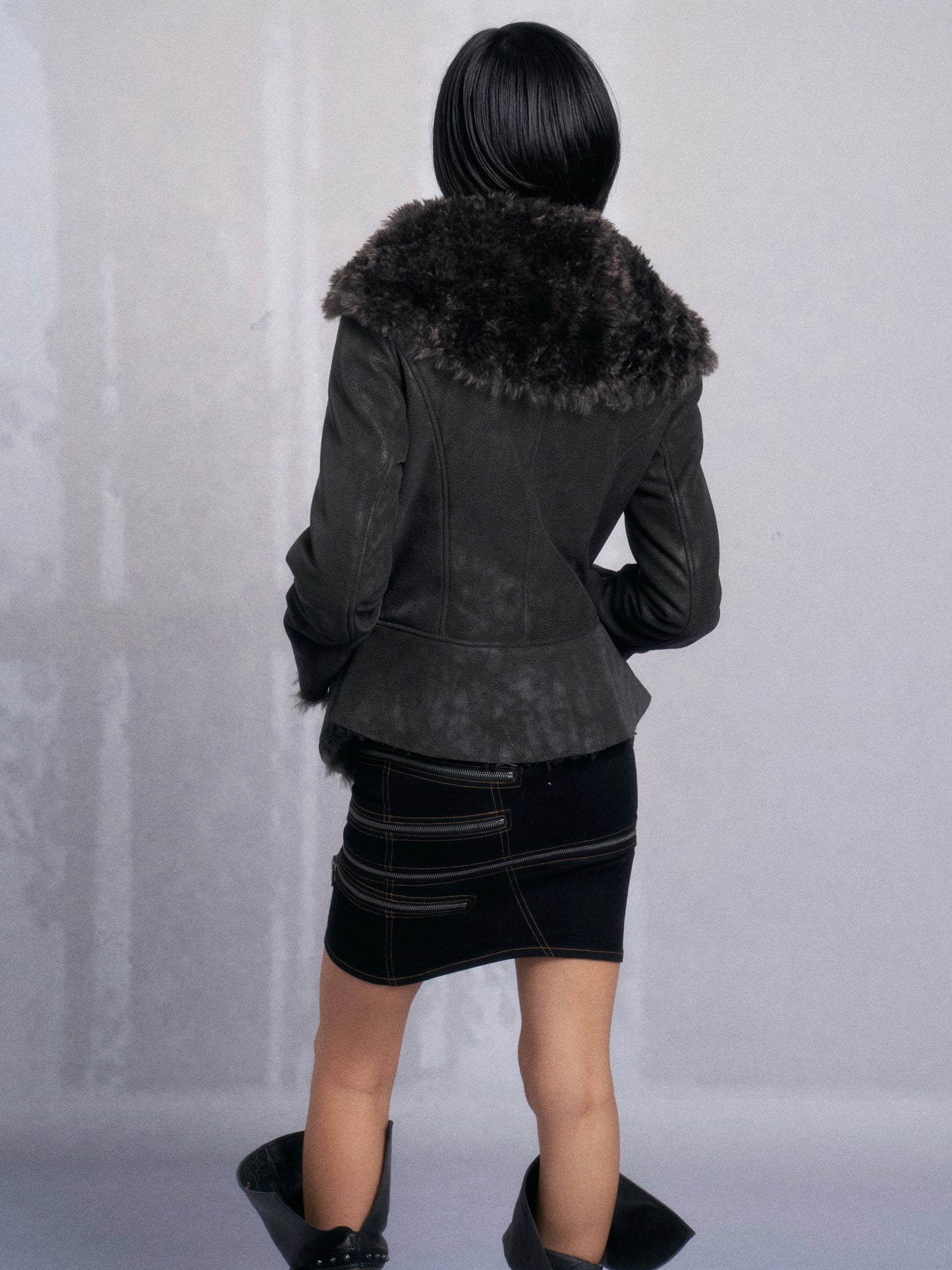 Dark Shearling Leather Jacket with Oversized Fur Collar