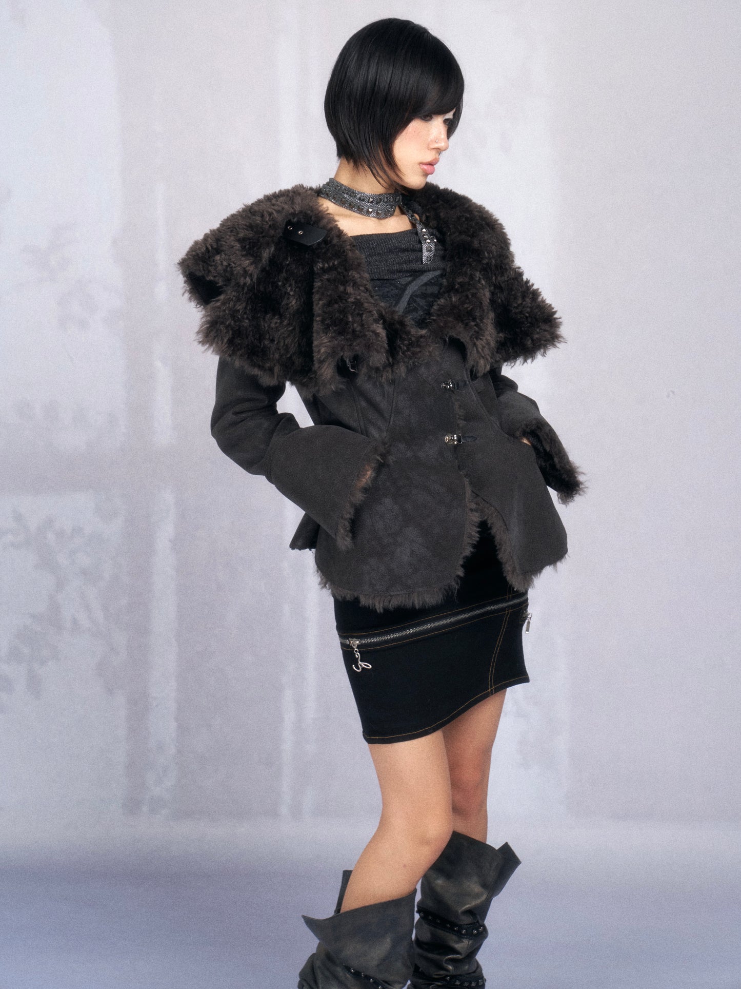 Dark Shearling Leather Jacket with Oversized Fur Collar