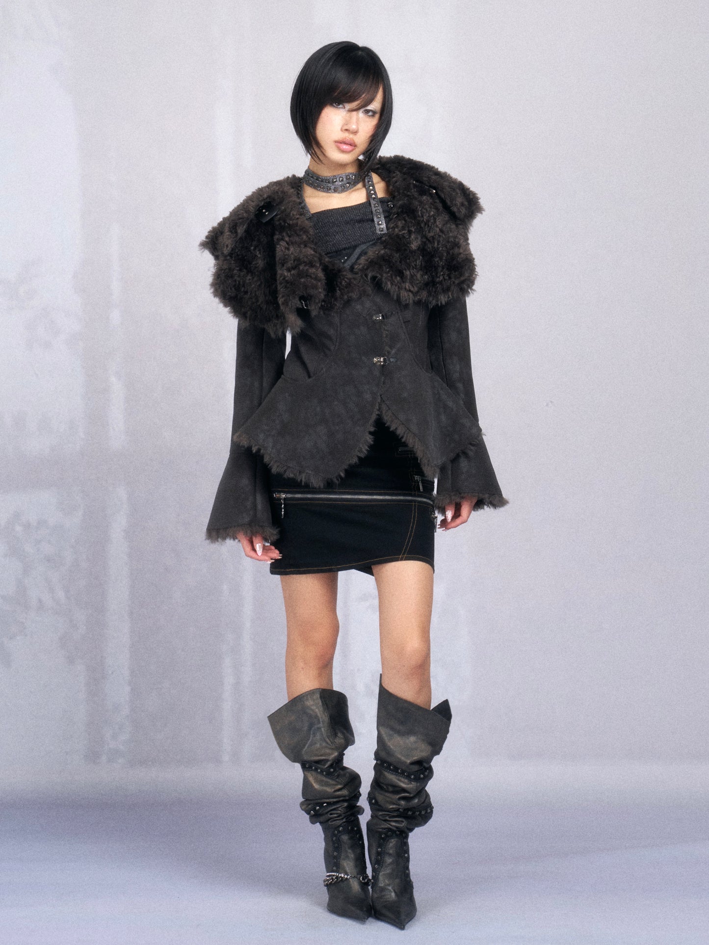 Dark Shearling Leather Jacket with Oversized Fur Collar