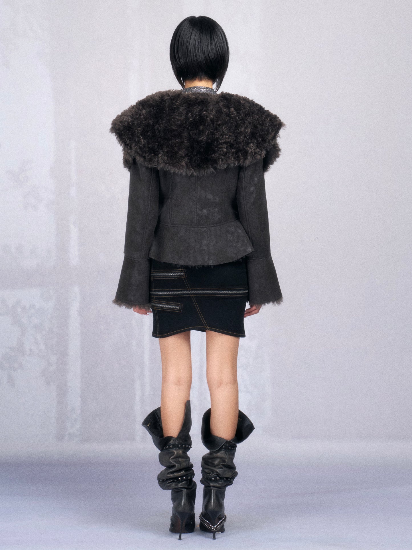 Dark Shearling Leather Jacket with Oversized Fur Collar